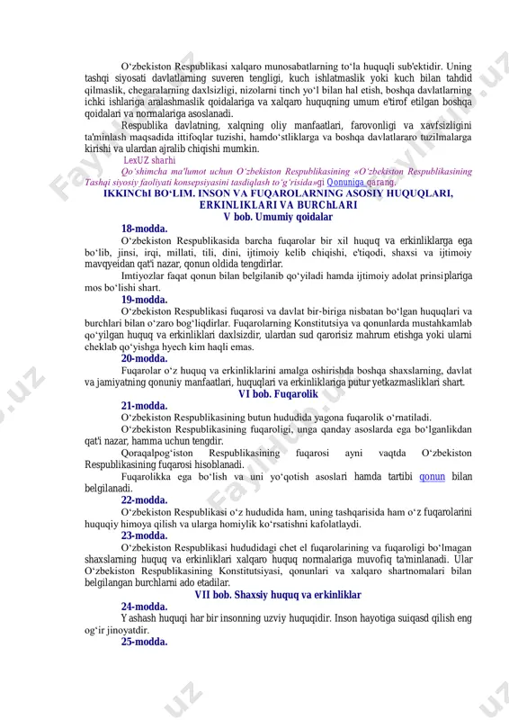 an respublika oliy majlisi va prezidenti ish olib borishi mumkin. jamiyatning biron-bir qismi, siyosiy partiya, jamoat birlashmasi, ijtimoiy harakat yoki alohida shaxs o‘zbekiston xalqi nomidan ish olib borishga haqli emas. 11-modda. o‘zbekiston respublikasi davlat hokimiyatining tizimi — hokimiyatning qonun chiqaruvchi, ijro etuvchi va sud hokimiyatiga bo‘linishi prinsipiga asoslanadi. 12-modda. o‘zbekiston respublikasida ijtimoiy hayot siyosiy institutlar, mafkuralar va fikrlarning xilma-xilligi asosida rivojlanadi. hyech qaysi mafkura davlat mafkurasi sifatida o‘rnatilishi mumkin emas. 13-modda. o‘zbekiston respublikasida demokratiya umuminsoniy prinsiplarga asoslanadi, ularga ko‘ra inson, uning hayoti, erkinligi, sha'ni, qadr-qimmati va boshqa daxlsiz huquqlari oliy qadriyat hisoblanadi. demokratik huquq va erkinliklar konstitutsiya va qonunlar bilan himoya qilinadi. 14-modda. davlat o‘z faoliyatini inson va jamiyat farovonligini ko‘zlab, ijtimoiy adolat va qonuniylik prinsiplari asosida amalga oshiradi. iii bob. konstitutsiya va qonunning ustunligi 15-modda. o‘zbekiston respublikasida o‘zbekiston respublikasining konstitutsiyasi va qonunlarining ustunligi so‘zsiz tan olinadi. davlat, uning organlari, mansabdor shaxslar, jamoat birlashmalari, fuqarolar konstitutsiya va qonunlarga muvofiq ish …