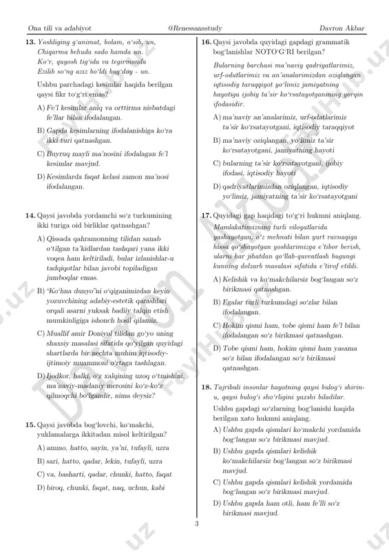 e’tirof etildi. qaysi javobda ushbu gapdagi grammatik bog‘lanishlar noto‘g‘ri berilgan? a) mamlakatimizning viloyatlarida, yashayotgan yoshlarimizga, e’tibor berish e’tirof etildi b) viloyatlarida yashayotgan, ularni qo‘llab- quvvatlash, dolzarb masalasi sifatida c) mamlakatimizning masalasi, ravnaqiga e’tibor berish, mehnati bilan qo‘llab- quvvatlash d) hissa qo‘shayotgan yoshlarimizga, mehnati bilan hissa qo‘shayotgan, qo‘llab-quvvatlash e’tirof etildi. 10. quyida berilgan gap haqidagi xato hukmni aniqlang. ma’lum bir kasbni tanlagan va uni mukammal o‘rgangan insonlardan jamiyatga manfaat yetadi, odamlarga foydasi tegadigan kishilar bu dunyoning ko‘rki hisoblanadi. a) egalar bir xil turkumdagi so‘zlar bilan ifodalangan. b) kesimning ifodalanishiga ko‘ra ikki turi qatnashgan. c) qo‘shma gapning tarkibidagi har bir sodda gap ikki bosh bo‘lakli gap hisoblanadi. d) hokim qismi sifat bilan ifodalangan so‘z birikmasi ishtirok etgan. 11. qaysi gapda qo‘llangan chiqish kelishigi qo‘shimchasini unga ma’nodosh bo‘lgan ko‘makchi bilan almashtirib qo‘llash mumkin? a) siz nomlarini aytayotgan insonlardan hech biri bizning tashkilotga aloqador emas. b) bu voqea haqida radiodan e’lon qilib, hammaga yetkazishni …