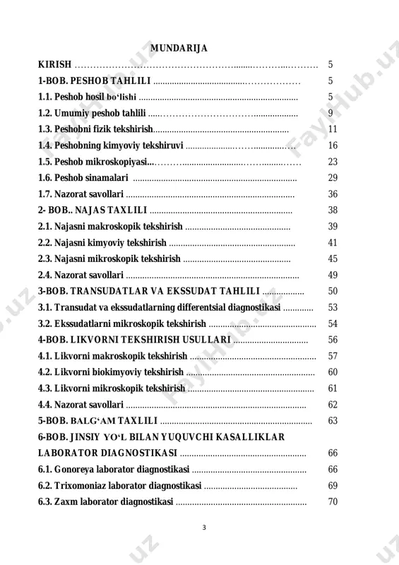 ................................ 73 7.1. virusli gepatit a laborator diagnostikasi .............................. 75 7.2. virusli gepatit e laborator diagnostikasi .............................. 76 7.3. virusli gepatit v laborator diagnostikasi ............................. 77 7.4. virusli gepatit d laborator diagnostikasi ............................. 80 7.5. virusli gepatit s laborator diagnostikasi ............................. 82 8-bob. odam immun tanqislik infeksiyasi laborator diagnostikasi ...................................................... 84 9-bob. gemostaz tizimi ............................................................. 99 9.1. tomir trombotsitar gemostazni tekshirish usullari ............. 103 9.2. koagulyasion gemostazni tekshirish usullari .................. 108 9.3. gemorragik diatezlar laborator diagnostikasi ....................... 110 10. biriktiruvchi to‘qima kasalliklari laborator diagnostikasi .................................................... 116 10.1. revmatizm laborator diagnostikasi ........................................ 116 10.2. revmatoid artritlaborator diagnostikasi .............................. 119 10.3. tizimli sklerodermiya laborator diagnostikasi ................... 122 10.4. tizimli qizil yuguruk laborator diagnostikasi .................... 124 11-bob. gematologik tekshirish usullari .................... 126 11.1. patologik eritrotsitlarning morfologik xususiyatlari ...................... 127 11.2. normal gemopoez.gemopoetik omillar ............................................ 131 11.3. anemiyalar laborator diagnostikasi ............................................... 134 11.4. trombositopoez. trombosit qator patologiyasi laborator diagnostikasi ............................................................................................... 139 5 11.5. leykopeniya, …