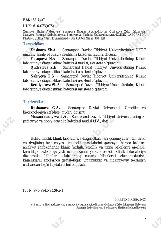 .................... 89 qandli diabetning laborator tashxisi ............................................. 92 lipid almashinuvining buzilishi dislipoproteinemiya .................. 98 iv. bob. klinik amaliyotda laborator markerlar: jigar, buyrak, yurak funksiyalarini buzilishi markerlari ................. 110 jigar patologiyasining klinik laborator diagnostikasi ..... 110 jigar kasalliklari ........................................................................................ 126 kardio-vaskulyar sistemasi kasalliklarning zamonaviy laborator diagnostikasi ......................................................................... 127 zamonaviy kardiomarkerlar ............................................................... 137 v. bob. suv-elektrolit almashinuvi, kislota-asos muvozanati, ............................................................................. oshibka! zakladka ne opredelena. suv-mineral almashinuvini tartibga solinishi ............... oshibka! zakladka ne opredelena. suv almashinuvining patologiyasi .................. oshibka! zakladka ne opredelena. klinik-biokimyoviy tashxis ............. oshibka! zakladka ne opredelena. suvsizlanish (degidratatsiya) ...... oshibka! zakladka ne opredelena. gipergidratasiya .................................. oshibka! zakladka ne opredelena. xusinova sh.a., yusupova n.a., qudratova z.e., nabiyeva f.s., berdiyarova sh.sh. 4 suv balansi bilan bog’liq buzilishlar ........... oshibka! zakladka ne opredelena. minerallar almashishi..................... oshibka! zakladka ne opredelena. mikroelementlar almashinuvining buzilishi oshibka! zakladka ne opredelena. kislota-ishqor balansi norma va patologiyada ........... oshibka! zakladka ne opredelena. vi. bob. gemostaz sistemasining skrining testlari va …