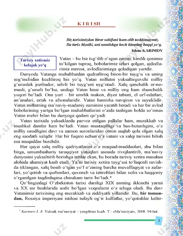 chinchidan, vatan ravnaqi yomida fidokorona mehnat qilib, katta m a’naviy va moddiy bunyodkorlik ishlarini amalga oshirdilar. aziz o ‘qnvchi1ar! siz ushbu darslikni o ‘qish jarayonida yaqin o ‘tmi- shimizdagi turli-tuman tarixiy hodisalar tafsilotiga duch kelasiz. bu hodisalar- ga teran baho berish nihoyatda mushkul. mustaqil davlatchiligimiz mohi- yatini to ‘la anglab yetish uchun mustamlakachilik sharoitida shu hududda yashagan xalqlarning boshidan kechirganlari, jabr-zulm , turli sitamlarga qaramay, o ‘z e ’tiqodi, qadriyatlari va ezgulik yo ‘lidagi sobitdaqamligini saqlab qolganligi haqidagi tarixiy voqeliklarni bilishi muhimdir. bundan tashqari darslik bilan tanishishda quyidagi masalalar bo‘yicha atroflicha m a’lumotlarga ega bo‘lasiz: — rossiya imperiyasi istilosi arafasida 0 ‘rta osiyo xonliklari (buxoro amirligi, x iva va q o‘qon xonliklari)dagi mavjud madaniy ijtimoiy-iqtisodiy va siyosiy holat; — 0 ‘rta osiyo xonliklarining rossiya imperiyasi tomonidan istilo eti- lishi; — rossiya imperiyasining turkistonni ijtimoiy-iqtisodiy, siyosiy, mada- niy-m a’rifiy jihatdan mustamlakaga aylantirish uchun tutgan siyosati va uning oqibatlari; — turkiston o …