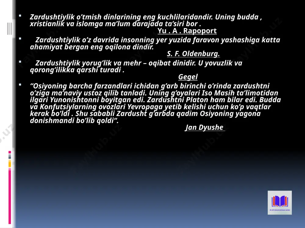 anilgan va uni yunon tiliga tarjima qildirgan. "tiriklikka darmon baxsh etguvchi malhamni menga oshkor aylagil. izn bergil, ilohiy kalom va ezgu niyat sening irodangni muvofiq istagan kimsaga yuz ko'rsatsin". yasna iskandarning hukmronligi tugagach, m.a 250-yilda arshaxiylar davrida “avesto” yana yo’qotilgan qismlari tiklangan va yangi matnlar bilan to’ldirilgan. bu voqea eramizdan avvalgi iii asrida sosoniylar podshosi shopur davriga kelib, to’la kitob holiga keltirilgan. eron va turon zaminining arab xalifaligi tomonidan bosib olinganligi sababdan zardushtiylik dini ta’qibga olindi va islom dinini joriy etishga kirishildi. islom dinini qabul qilmaganlar hindistonga qochib ketib shu yerda jon saqlaganlar. ular “avesto”ning bir qismini saqlab kelmoqdalar. “avesto”ning arab tilidagi nusxasi bu kitob birinchi bora 30 ta kitobdan,keyin 21 ta kitobdan iborat edi. bizgacha bu kitobning 4 tasi saqlanib qolgan. bu kitoblar quyidagilar: “vadovdot” (vendidat). bu kitob 22 bobdan iborat bo’lgan holda, payg’ambar zardusht va xudo ahura mazdalarning savol- javoblari bayon etilgan. “yasna”. bu yerda asosan zardushtning xatlari …
