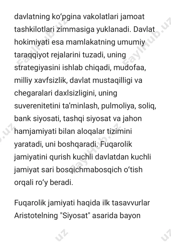 vojlanish natijasida fuqarolik jamiyatini hozirgi zamonaviy tushunish shakllandi. unga koʻra, f.jla mulkchilik shakllarining xilma-xil va teng boʻlishi, mehnat va tadbirkorlikning erkinligiga yoʻl qoʻyilishi, mafkuraviy xilma-xillik va axborot erkinligi, inson huquq va erkinliklarining daxlsizligi, rivojlangan oʻzini oʻzi boshqarish, madaniylashgan huquqiy hokimiyat boʻlishi hamda jamiyat hayotining barcha sohalarida qonun ustuvorligi taʼminlanishi muhim hisoblanadi. oʻzbekistonda fuqarolik jamiyatini kurish tarixiy anʼana boʻlsada, u butunlay yangi tarixiy sharoitlarda jahon davlatchiligi ilgor tajribalari va koʻp ming yillik milliy anʼanalarning sintezi sifatida dunyoga kelmokda. yaʼni erkinlik va axloq, ozodlik va tarbiya, qonunga itoatkorlik va siyosiy hukuqiy faollik, hurriyat va qatiy tartibintizom uygʻunligida fuqarolik jamiyati shakllantirilmoqda. fuqarolik jamiyati nafaqat davlatning majburlov kuchi bilan, balki uning aʼzolari boʻlmish fuqarolarning oʻzlari orqali saqlab turiladigan va qatʼiy tartib qaror topgan jamiyatdir. bunday jamiyat oʻzini oʻzi yuksak darajada tashkil etishi bilan ajralib turadi. fuqarolik jamiyatiga davlatning kuchli taʼsiri talab etilmaydi. davlat bunday jamiyatning nazoratida boʻlishi kerak, chunki davlat — fuqarolik jamiyatning „yollanma …