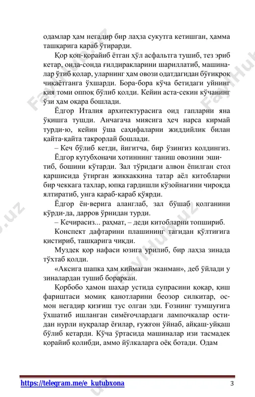 n ularga xa- lal bermaslik uchun tezlab o'tib ketdi. navoiy teatrida tomosha tugagan bo'lsa kerak, chiroqlar o'chib qolibdi. fontan atrofidagi maydon ham kimsasiz, skameykalarni qor bosgan. univermag peshtog'ida lampochkalar zanjiri lipillab aylana- di. «yangi yilingiz bilan» degan yozuv goh yonadi, goh o'chadi. yodgor kimsasiz tramvay bekatiga kelishi bilan yoni- dan «tez yordam» mashinasi qizil chirog'ini lipillat- gancha faryod solib uchib o'tdi. qor tumani orasida uning nolasi anchagacha aks sado berib turdi. keyin «toshkent mehmonxonasi» degan pushtirang chiroq yonib turgan bi- nodan qahqaha tovushi, jaz sadosi yangradi. «toshkent g'alati shahar, – deb o'yladi yodgor sovqotgan oyoqlari bilan er tepinib. – qachon qarasang, ko'z yoshi bi- lan kulgi yonma-yon turadi». – markaziy univermag tarafdan g'iyqillagancha tram- vay chiqib keldi. – xadraga boradi, xadraga! – dedi jun ro'molga o'ranib olgan ayol oldingi eshikni ochib. – mayli! – yodgor zinadan sakrab chiqdi. https://telegram.me/e_kutubxona https://telegram.me/e_kutubxona 5 vagon deyarli bo'sh edi. o'rtadagi o'rindiqda jigar- rang palto …