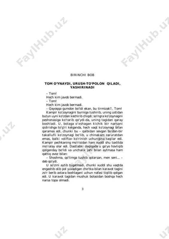 qilmoqchi bo‘lib yurganini bilib bo‘ladimi? u jahlim chiqqan choqda dumini xoda qiladi yoki qanday qilib bo‘lsa ham meni kuldiradi va shundan keyin butun g‘azabim tarqaladi-yu, unga tirnog‘imni ham tegiza olmayman. men zimmamdagi vazifani bajara olmayapman, xudo gunohimni kechirar. bolani kaltaklamagan odam uni halok qilishligi muqaddas kitobda aytilgan1. men uni sho‘x o‘stirganim uchun gunohkorman axir; buning uchun biz har ikkimiz ham jazola- najakmiz. uning miyasi har xil yomon o‘ylar bilan band ekanligini bilganim bilan nima qila olar edim? axir u, rahmatlik singlimning o‘g‘li-da, shuning uchun uni kaltaklashga qo‘lim bormaydi! har doim men uning ta’zirini bermay, qochirib yuborganimda, vijdonan azoblanamanki, uni aytib ham berolmayman, agar uni jazolasam achinganimdan ko‘nglim pora-pora bo‘ladi. kitobda to‘g‘ri aytilgan, odamzodning umri kalta va g‘am-g‘ussa bilan to‘la. xo‘p, mayli! u bugun saboqdan qochib, maktabga bormadi: tushki ovqat vaqtidan kechgacha tentirab yuradi, ertaga esa unga jazo berishga – uni qiyin bir ishga o‘tkazib qo‘yishga to‘g‘ri keladi. yakshanba kunlari, bolalarning …