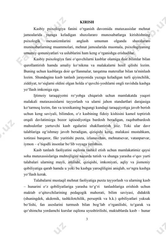 ni 1800-yillarda yaratilganidan buyon mustaqil fan sohasida ulkan muvaffaqiyatlarga erishib kelmoqda. 2 - jahon urushidan buyon psixologiyaning talablarida olimlarning klinik amaliyotlari juda ham yaxshi natijalarga erishdi. 1961-yillarda amerika psixologlari assotsiyasining soʻnggi prezidenti e.l.kelly professional psixologlar uchun 1-ruxsatnomani amerika qoʻshma shtatlarida qabul qilingan.1 1 t. melchert. fondations of professional psychology. 2011. 1-bet. 5 i bob. kasbiy psixologiyaning nazariy asoslari. 1.1 kasbiy psixologiya faniga kirish 1.1.1. kasbiy psixologiyaning tarixi kasbiy psixologiyaning ta’limni yangi mazmunda joriy qilish yuzasidan soʻngi yillarda qoʻlga kiritgan yutuqlari buning yaqqol dalili boʻla oladi. ma’lumki, keyingi oʻn yil mobaynida mamlakatimizdagi barcha ta’lim tizimlarida ta’lim ishlarining mazmuni tubdan oʻzgardi. ta’limning eksperimental ravishda tekshirilgan yangi usullari (masalan muammoli interfaol ta’lim metodlari) keng joriy qilinmoqda: kasbiy psixologiya – psixologiya ilmining tarmogʻi sifatida, ta’lim va tarbiyaning shaxsga samarali ta’sir etuvchi omillari, qonuniyatlari va mexanizmlarini oʻrganuvchi fandir. bolalar va yoshlarning maktabdagi hamda ta’lim – tarbiya muassasalaridagi faoliyat va xatti – harakatlarining psixologik qonuniyatlarini oʻrganuvchi …