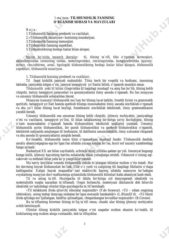 grosse). bu ta`riflarning birortasi tilning to‘liq ta`rifi emas, chunki ular tilning ijtimoiy mohiyatini ochib berolmaydi. olimlar tilning kishilik jamiyatida tutgan o‘rni naqadar muhim ekanini ko‘rsatib, til kishilarning eng muhim aloqa vositasidir, deb ta`riflaydilar. 4 til asrlar davomida jamiyatga xizmat qiladi, ularning ehtiyojlarini to‘la-to‘kis bajaradi, garchand, til o‘zgaruvchan hodisa bo‘lsa-da, u faqat o‘zining ichki ob`ektiv qonunlari asosida rivojlanadi. til o‘ziga xos semiologik tizim bo‘lib, jamiyatda asosiy va eng muhim fikr almashish quroli, jamiyat tafakkurining rivojlanishini ta`minlovchi, avloddan-avlodga madaniy-tarixiy an`analarni etkazuvchi vosita xizmatini o‘taydi. 2. «tilshunoslik nazariyasi» kursining mundarijasi. «tilshunoslikka kirish» kursi tilning boshqa hodisalar ichida tutgan o‘rni, tuzilishi va tilning taraqqiy etish qonuniyatlari haqidagi, umuman til haqidagi fanning asosiy tushunchalarini o‘rganadi. bu kursning yana bir muhim vazifasi shundan iboratki, tilshunoslik fanida qo‘llaniladigan terminlar, tushunchalar tizimi bilan tanishtiradi. shuning uchun bu kurs umumiy tilshunoslikning dastlabki bosqichi bo‘lib, umuman murakkab til hodisalarini to‘g'ri tushunishga, ma`lum bir til hamda qardosh til guruhlarini bir-biriga solishtirib, …
