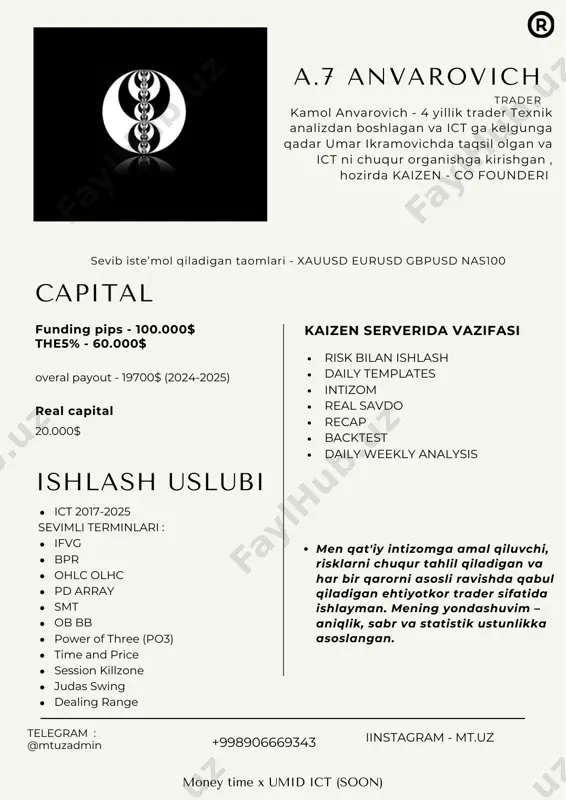 liquidity internal liquidity stop hunt inducement displacement retracement market structure break (msb) break of market structure (bms) change of character (choch) order block (ob) institutional candle fair value gap (fvg) imbalance mitigation refinement premium discount poi (point of interest) bos (break of structure) telegram : @mtuzadmin +998906669343 iinstagram - mt.uz money time x umid ict (soon) asilbek vs bunyod traders asilbek dushayev propdan otish xizmatini yolga qoyish uchun kelgan va tredingda faqat razgon qilgan mt ga qoshilib intizomli savdoni o’rgangan va hozirda yaxshi natijalar ya’ni payoutlar soxibi bunyod jumanoff - marketing a’zosidan treydrgacha yol bo’sib o’tgan. u montajor va mobilograf edi , bizni oldimizda yurib treydinga bo’lgan muhabbati oshib asta sekn o’rganib xozirda yordmachi mentor va trader kaizen serverida vazifasi yordamchi mentor uy ishlarini tekshirish savollarga javoblar verification otish prop schet sotib olishda yordam manager sevib iste’mol qiladigan taomlari - xauusd nas100 ger40 mobilografiyadan treydingga o‘tishim oson bo‘lmadi. avvaliga bu …