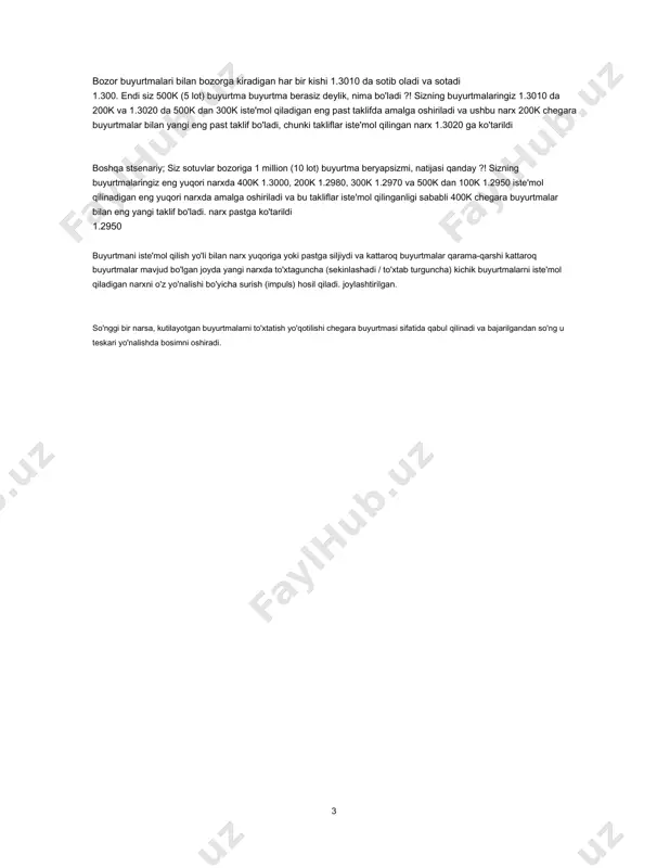 ozlarning buyurtmalarini ko'rsatadi. rasmga qaytib, chegara buyurtmalariga takliflar ustuni, chegara buyurtmalariga takliflar ustuni va o'rtada narx. men evro / usd narxlarini misol qilib oldim, buyurtmalar standart lotlar / shartnomalar (ya'ni 200k = 2 lot va 1m = 10 lot), 2018-04-02 121 2 bozor buyurtmalari bilan bozorga kiradigan har bir kishi 1.3010 da sotib oladi va sotadi 1.300. endi siz 500k (5 lot) buyurtma buyurtma berasiz deylik, nima bo'ladi ?! sizning buyurtmalaringiz 1.3010 da 200k va 1.3020 da 500k dan 300k iste'mol qiladigan eng past taklifda amalga oshiriladi va ushbu narx 200k chegara buyurtmalar bilan yangi eng past taklif bo'ladi, chunki takliflar iste'mol qilingan narx 1.3020 ga ko'tarildi boshqa stsenariy; siz sotuvlar bozoriga 1 million (10 lot) buyurtma beryapsizmi, natijasi qanday ?! sizning buyurtmalaringiz eng yuqori narxda 400k 1.3000, 200k 1.2980, 300k 1.2970 va 500k dan 100k 1.2950 iste'mol qilinadigan eng yuqori narxda amalga oshiriladi va bu takliflar iste'mol qilinganligi sababli …