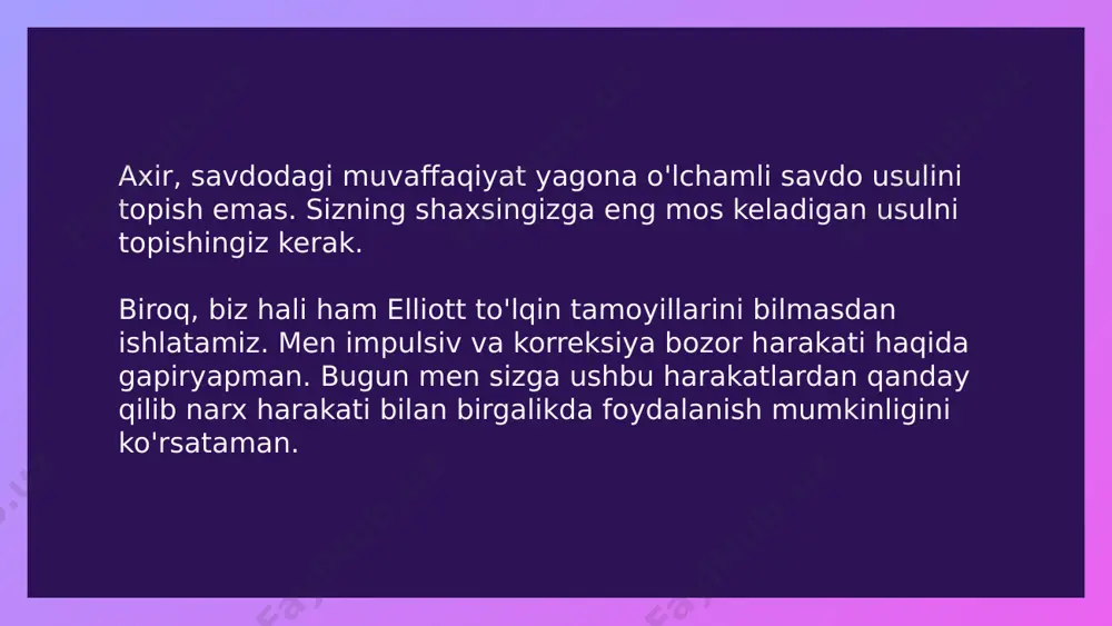 a yaratdi. price-action patternlari umumiy narx harakati kontekstida narx harakati shakli shakllanadigan joy uning kuchini belgilaydi. misol uchun, eng foydali pin barlar asosiy qo'llab-quvvatlash yoki qarshilik darajalarida paydo bo'ladi. darajalar o'rtasida mukammal shakllangan pin bar hech qanday ta'sir qilmaydi. albatta, bu narxlarning biroz o'zgarishiga olib kelishi mumkin, lekin ko'pincha bu sozlamalar juda ishonchsizdir. bu narx harakati patternlarini ishlatadigan asosiy darajalardir. konsolidatsiya holatidagi bozor patternlarni izlash uchun eng yaxshi joy bo'lishdan uzoqdir. nega? bozorda yo'nalishli narx harakati bo'lmasa, har doim noaniqlik mavjud. shu sababli, kuchli trendli bozorda paydo bo'ladigan savdo sozlamalari har doim eng yaxshisidir. shuning uchun, boshlash uchun kuchli trendni topish va keyin narxning muhim darajaga qaytishini kutish yaxshiroqdir: berilgan pin barning mustahkamligini nima aniqlaydi? 1.kuchli trend. 2.ko'tarilish trendida korreksiya. 3.muhim daraja. korreksiya to'lqinlari va hozirgi trendning davomi umumiy narx harakati kontekstida narx harakati shakli shakllanadigan joy uning kuchini belgilaydi. misol uchun, eng foydali pin barlar asosiy qo'llab-quvvatlash yoki qarshilik …