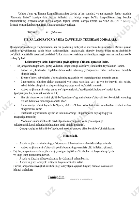 ishish. a) o’lchov asboblarining 0 shklasi tekshiriladi. b) o’lchov asboblarining xarakteristikasi 1- jadvalda yoziladi. v) parallelopiped shaklidagi plastinkaning hajmini hisoblash v=a cb  № a (mm)  a(mm) b(mm)  b (mm) c mm  c(mm) v(mm)  v(mm)  tajriba natijalaridan foydalanib, xatolik quyidagicha topiladi.               c c b b a a v v  huquqiy qiymat vxaq=   vv shaklda ifodalanadi. nazorat uchun savollari. 1.xatolikning qanday turlarini bilasiz.ular qanday sabablarga ko’ra vujudga keladi ? 2. absolyut va nisbiy xatolik deb nimaga aytiladi va ular qanday aniqlanadi ? 3.haqiqiy va o’rtacha qiymat orasidagi munosabat qancha ? 4. qanday hollarda natijani grafik usulda tasvirlash mumkin ? 5. shtangensirkul yoki mikrometrda o’lchashni tushuntirib bering ? 5 shtangensirkul yoki mikrometrda o’lchashni tushuntirib bering. №   b b  c s    1 60 0.5 51 …