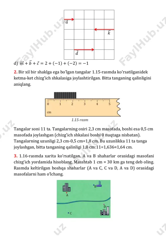 , s 0 4 8 12 16 20 s, m 0 20 40 60 80 100 a) bu ma’lumotlar asosida velosipedchining tezligini aniqlang. b) jadval asosida velosipedchining masofa-vaqt (yo’l) grafigini chizing. ______________ to’g’ri chiziqli tekis harakatda tezlik formulasi ( ) ( ) ( ) ( ) ( ) ( ) 6. hayvonlarning 2 minutda bosib o’tadigan masofasini aniqlang. jadvalni berilgan qiymatlar asosida to’ldiring. ______________ to’g’ri chiziqli tekis harakatda tezlik formulasi ( ) ( ) ( ) ( ) ( ) ( ) № hayvon nomi tezligi km/h tezligi m/s masofa, km masofa, m 1 gepard 108 108:3,6=30 3,6 3600 2 yo’lbars 64,8 64,8:3,6=18 2,16 2160 3 sher 79,2 79,2:3,6=22 2,64 2640 yechim muallifi: qashqadaryo viloyat qarshi shahar 36-maktab oliy toifali fizika fani o’qituvchisi hazratov sardor salimovich 7-sinf 5-mashq. 1.sportchi 3 m/s tezlik bilan 20 minutda qancha masofani bosib o‘tadi? ______________ to’g’ri chiziqli tekis harakatda tezlik formulasi ( ) 2. avtobus …