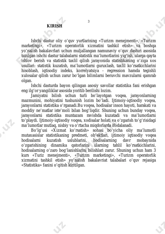 a’nosini bildiradi. statistika so‘zi ham davlat to‘g‘risidagi bilimlar, ma’lumotlarni anglatadi. keyinchalik statistika deganda ijtimoiy - iqtisodiy hodisalarning turli tomonlarini ifodalaydigan ma’lumotlar tushuniladi. lekin statistika so‘zini dastlab fanga nemis olimi gotfrid axenval kiritgan. u 1746 yilda germaniya universitetlaridagi o‘qitiladigan “davlatni yuritish” fanini “statistika” deb atashni taklif etgan. hozirgi vaqtda statistika so‘zi bir necha ma’noda ishlatiladi. statistika deganda ijtimoiy - iqtisodiy hodisalarni turli tomonlama o‘rganadigan mustaqil fan, xalq xo‘jaligi bo‘yicha iqtisodiy ma’lumotlar to‘plovchi davlat statistika organlari”ni, hamda ijtimoiy - iqtisodiy hodisa, voqealarni ifodalovchi turli ma’lumotlar - raqamlarni tushuniladi. ijtimoiy - iqtisodiy xodisalar deganda moddiy ne’matlar ishlab chiqarish bilan bog‘liq voqea, xodisalar tushuniladi. ma’lumki tabiat va jamiyat uzviy birlikda, bir - biri bilan bog‘liqlikda. mavjud moddiy dunyodagi har bir xodisa miqdor va sifat tomonlariga ega, lekin ular yagona birlikda namoyon bo‘ladi. sifat deganda xodisaning mohiyati, 5 rivojlanish qonun va qonuniyatlari bilan bevosita bog‘liq muhim belgilari, xususiyatlari tushuniladi. miqdor deyilganda xodisaning xususiyatlari, belgisining yuzaga …