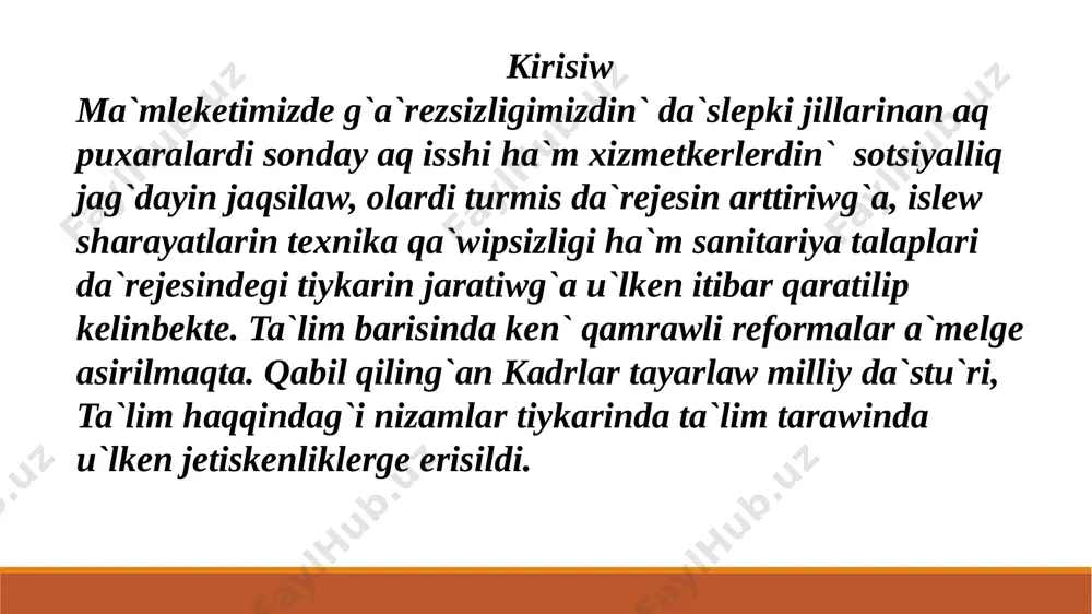 tiykarg`i ag`imlar. - shiyki zat, energiyalar ag`imi; - sotsiyalliq taraw o`nimlerinin` ag`imlari; - sotsiyalliq taraw shig`indilari; - turmisliq shig`indilar; - informatsiya ag`imlari; - transport ag`imlari; - jaqtiliq ag`imlari (jasalma jaqtilandiriw); -materiallar ha`m texnogen avariyalardag`i energiya ag`imlari; - basqalar. ja`miyetlik ortaliqtin` tiykarg`i ag`imlari. - informatsiya ag`imlari (oqitiw, ma`mleket basqariwi, xaliq-ara baylanis basqalar); - adamlar ag`imi (demografik partla, xaliq urbanizatsiyasi); - narkotik , alkogol qurallari ha`m basqa ag`imlar; - bashqalar. o`mir iskerlikqa`wipsizligi barisinda inson paydalanatug`in ha`m shig`aratug`in tiykarg`i ag`imlar. - kislorod, aziq-awqat, suw ha` sotsiyalliq taraw basqa materiallar (alkogol, temeki, narkotikler) ag`imlari; - energiyalar ag`imi (mexanik, illiliq, quyash ha`m basqalar); - informatsiya ag`imlari; -o`mir qa`wipsizligi barisinda shig`indilar ag`imi ; -basqalar. o`mir iskerlik qa`wipszligi kursinin` qisqasha mazmuni o`mir qa`wipsizligi insandi ha`r qanday ortaliqtag`i iskerligine onin` qa`wipsizlik ha`m den sawlig`in ta`miyinlewshi , qa`wipli ha`m za`rerli na`rselerden qorg`aniwshi a`meliyat ha`m teoriyani o`z ishine alg`an ilmiy bilimler jiynag`i. o`mir qa`wipsizligi to`mendegi ma`selelerdi ko`rip shig`adi: turmisliq ortaliqtag`i …