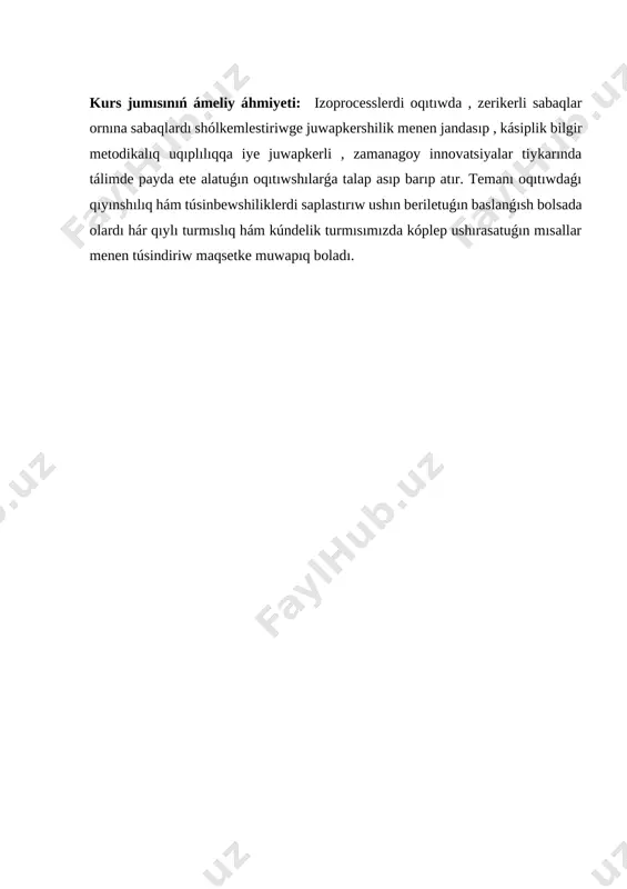 si dep ataladı. mendeleev –klapeyron teńlemesi formulasi : pv=nrt (5) gazlar ózi salınǵan ıdıs diywalına basım beriw qasiyetine iye esaplanadı ideal gaz halınıń teńlemesi gazdıń massası , basımı, kólemi hám temperaturasi s arasındaǵı baylanıstı kórsetedi. υ=1mol haz ushın (4 ) teńleme tómendegi kóriniske keledi. pv=rt. (6) 2.2 izotermiyalıq process (t=const). temperatura turaqlı bolǵanda bolıp ótetuǵın fizikalıq processler izotermiyalıq process dep ataladı. [image: c:\users\asus\appdata\local\microsoft\windows\inetcache\content.word\img_20210203_123558.png] 1-súwret [image: c:\users\asus\appdata\local\microsoft\windows\inetcache\content.word\img_20210118_164033.png] 2-súwret grekshe “termos”- “jıllı” degen mánisti bildiredi. izotermiyalıq process ushın pv= const cilindr ishine toltırılǵan gazdıń dáslepki kólemi v1 basımı p1 turaqlı temperaturada qısılǵannan keyingisi v2 p2 bolsın. ol jaǵdayda tómendegi qatnas orınlı boladı. p1/p2=v1/v2(7) turaqlı temperaturada berilgen gazdıń basımı kólemine keri proporcional rawishte ózgeredi.izotermiyalıq processtegi nızamlılıqtı pv diagrammada izoterma menen kórsetiledi. izotermiyalıq processti 1662-jılı ingliz alımı r. boyl hám 1976-jılı francuz fizigi e. mariott tájriybeler tiykarında bir- brinen qabarsız halda ashqan. sonıń ushın gazlarda baqlanatuǵınn bul nızamlılıq boyl- marioyy nızamı dep ataladı. izotermiyalıq …