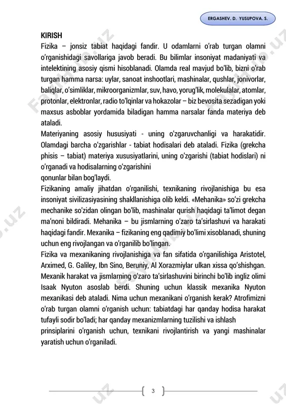 sa o’sha jism sanoq jismidir qalayotgan holda jismning shakli va o’lchami hisobga olinmaydigan darajada kichik bo’lgan jism moddiy nuqta deyiladi. masalan navoiydan toshkentga uchayotgan samalyotning uzunligini u bosib o’tgan yo’lning uzunligiga nisbatan moddiy nuqta deyish mumkin. jismning fazoda qoldirgan izi trayektoriya deyiladi. 7 ergashev. d. yusupova. s. jism harakat trayektoriyasing uzunligi bosib o’tilgan yo’l deyiladi masalan jism a nuqtadan b nuqtaga egri chiziqli harakat qilib kelgan bo’lsin u holda yo’l va ko’chishni quyidagi chizma orqali ifodalaymiz jismning boshlang’ich va oxirgi vaziyatini tutashtiruvchi yo’nalishli kesma ko’chish deyiladi. yo’l faqat to’g’ri chiziqli harakatda ko’chishga tengdir boshqa harakat turlarida yo’l ko’chishdan katta bo’ladi. 1. vertikal harakatda yo’l va ko’chishni topish: tasavvur qiling koptok yerdan h1 balandlikka ko’tarilib h2 masofa tushganda ushlab olindi u holda yo’l va ko’chishni quyidagicha topamiz: . . . ℎ2 s=h1+h2 . l=h1-h2 (1) ℎ1. . . yo’l ko’chish a b 8 ergashev. d. yusupova. s. aylana bo’ylab harakatda yo’l …