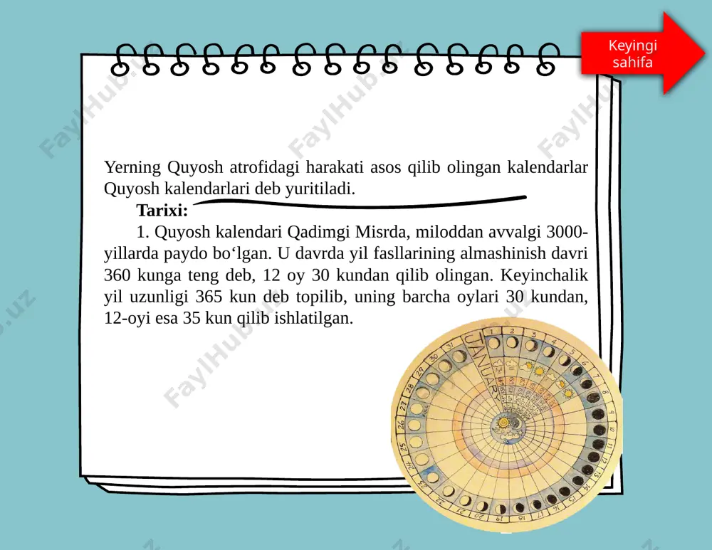 inma harakatlari davriyligiga asoslangan kalendar hisoblanadi. sinodik oyning davomiyligi 29.53059, tropik yil esa 365.2422 kun. demak, tropik yilda 12,36827 sinodik oy mavjud. shunday qilib, kalendar yili 12 (muntazam yil) yoki 13 kalendar oydan iborat bo'lishi mumkin. kalendar yilining o'rtacha davomiyligi tropik yil davomiyligiga yaqin bo'lishi uchun qo'shimcha oylarni kiritish tizimi talab etiladi. sakkiz yillik siklli yoki "oktaeterid" qadimiy bobilda va yunonistonda ishlatilgan bo'lib, u qadimgi yunon astrologi kleostrat tomonidan taklif etilgan. unga ko’ra 8 ta tropik yil 2922 kunga teng, bunda esa 99 ta sinodik oy olinadi. darhaqiqat, 99 ta sinodik oyning davomiyligi 2923,53 kunni tashkil etadi, bu esa 8 yil ichida 1,53 kunlik kalendar xatolikni keltirib chiqaradi. keyingi sahifa etiboringiz uchun raxmat! image1.png image2.svg image3.png image4.svg .msftofcthm_text1_fill { fill:#000000; } image20.png image21.svg image13.png image14.svg image15.emf image16.png image17.svg image18.png image19.svg image5.png image6.svg image7.png image8.svg image9.png image10.svg image11.png image12.svg image22.png image23.png image24.png image25.png image26.jpeg image27.jpeg image28.png image29.png image30.png image31.png