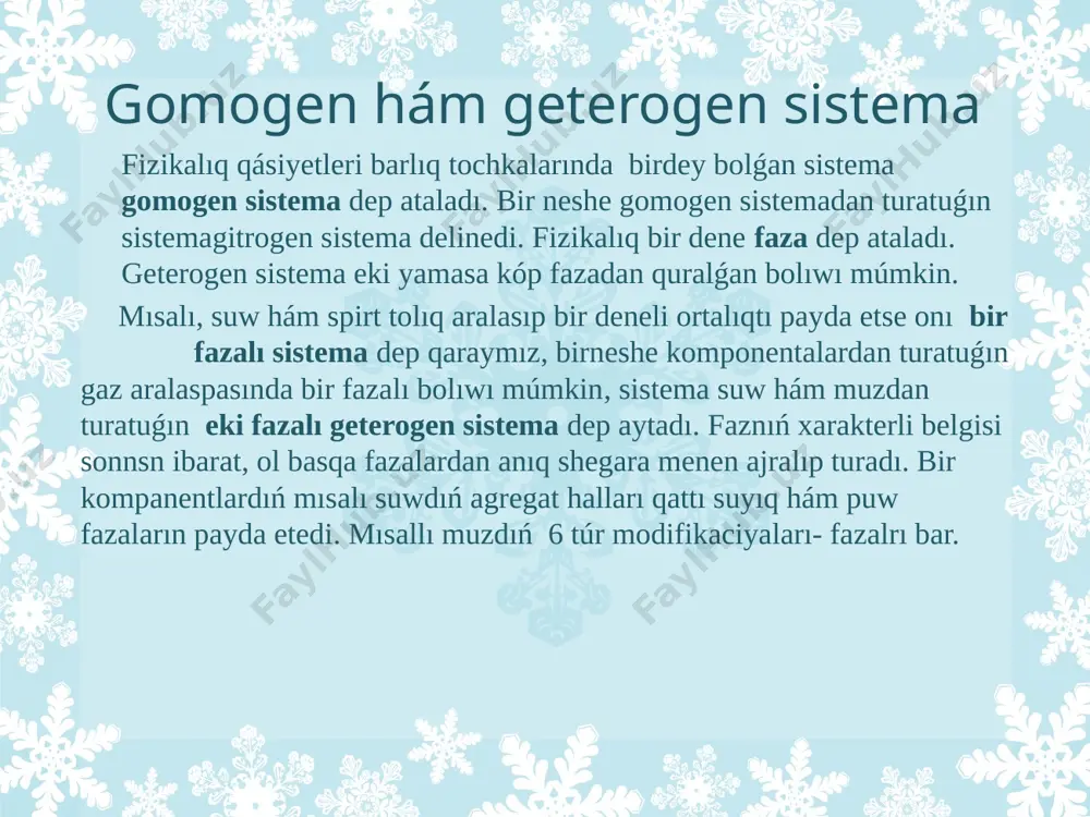 a óz ara soqlıǵısıw bolmaydı, biraq olar ıdıs diywalları menen soqlıǵısıwı múmkin. sol soqlıǵısıw nátiyjesinde ıdıs diywalınıń maydan birligne bólekshelerdiń beretuǵın basımı hám solarqalı ideal gazdıń halat teńlemesi keltirilip shıǵariladı. pydalanǵan ádebiyatlar 1. b.jollibekov statistikaliq fizika hәm termodinamika pәni boyinsha oqio' qollanbasi mәmleketlik universitetlerdiң fizika qәnigeliginiң 4-kurs studentleri ushin dүzilgen 2. p.x. musayev statistik fizika va termodinamika toshkent > 2008 3. a.a.abdumalikov umumiy tahriri ostida nazariy fizika kursi > mchj toshkent-2006 4. a. boydedaev klassik statistik fizika toshkent-2003 image2.png image3.png image4.png image5.png image6.png image7.png image7.jpg image1.jpeg