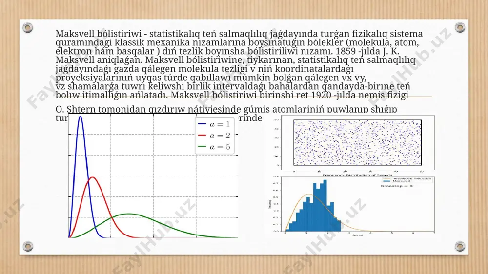 rdıń ortasha potensial energiyası kinetik energiyasınan talay kishi bolǵanda real gazdı ideal gaz dep esaplaw múmkin. bunda real gaz ideal gaz nızamlıqlarına boysınadı. joqarı basım hám tómen temperaturalarda real gaz ideal gazdan keskin parıq etedi. real gazlardıń molekulaları, kishi bolsada, málim kólemge iye boladı hám olar óz-ara kishi kúshler menen baylanısqan. kishi temperaturalarda yamasa joqarı basımlarda (molekulalar bir- birine jaqın turǵanda ) olardıń kólemleri hám olar arasındaǵı tásir kúshleri ról oynay baslaydi. bunda ideal gaz teńlemesi islemey qaladı. van-der-vaals teńlemesi -real (ideal bolmaǵan ) gaz jaǵdayın ańlatatuǵın teńleme. molekulalar kóleminiń hám de molekulalar aralıq óz-ara tartısıw kúshi bar ekenligin esapqa alǵan halda shıǵarılǵan ishki basım dep júritiledi. real gazdıń jaǵdayın ańlatıw ushın golland fizigi van - der - vaals 1873 jılda mendeleyev - klapeyron teńlemesine molekulalardıń kólemin hám olar ortasındaǵı tartısıw kúshlerin esapqa alatuǵın hadlarni kirgizdi. bir mol gaz ushın ol tómendegishe kóriniske iye: (p+)(-b)= rt (8) bul jerde -ishki …