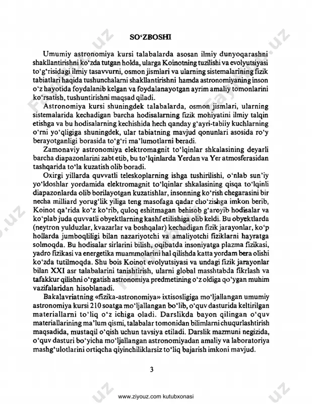 degan ma’noni bildiradi. astronomiya osmon jismlari va ularning sistemalari harakatini, tuzilishini va rivojlanishini o'rganadigan fandir. astronomiya tabiat fanlari ichida eng qadimiysi hisoblanadi. kishilar juda qadim zamonlardayoq osmon jismlari, jumladan, quyosh, oy va sayyoralar harakatlarini o'rganib, yil fasllari, oy fazalari, hatto tutilishlarini ham oldindan ayta oladigan darajaga erishganlar. boshqa tabiat fanlari vakillaridan farqli o'laroq, astronomlar osmon jismlari bilan bevosita tajribalar o'tkazish imkoniga ega emaslar (hozircha yer, oy va sayyoralarini hisobga olmaganda). shuning uchun ham astronomiya kuzatish fani deyiladi, chunki osmon jismlarining tabiatiga tegishli barcha xulosalar asosan kuzatish materiallarini o'rganish yordamida qo'lga kiritiladi. osmon jismlarini o'rganishda, astronomiya fani, o'z oldiga yechilishi talab etiladigan quyidagi uchta asosiy vazifani qo'yadi deb qarash mumkin: 1) osmon jismlarining fazoda ko'rinma holat va harakatlarini, so'ngra bu ma’lumotlar asosida ularning harakatlarini o'rganish, ulargacha bo'lgan masofalar, o'lchamlari, massalari va shakllarini aniqlash; 2) osmon jismlarining kimyoviy tarkibi ichki va sirtiga tegishli fizik sharoitni (temperatura, zichlik, bosim va boshqa shu kabi …