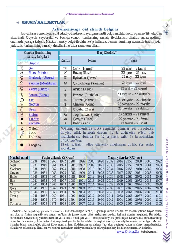 l a r m a r k a z i . astronomiyada qo‘llaniladigan masofa birliklari. astronomiyada juda katta masofalarni o‘lchash va ifodalash uchun quyidagi maxsus masofa birliklari qo‘llaniladi: astronomik birlik, yorug‘lik yili, hamda, parsek.  astronomik birlik (a.b.) – yer va quyosh o‘rtasidagi masofa.  yorug‘lik yili (yor.yil.) – yorug‘likning bir tropik yil muddatda bosib o‘tadigan yili.  parsek1 (pk) – yillik parallaksi bir soniyaga teng bo‘lgan (boshqacha aytganda, yer orbitasining o‘rtacha radiusi bir sekund burchak ostida ko‘rinadigan masofa) masofa. jadvalda ushbu birliklar orasidagi munosabatlar keltirilgan. masofa birligi km a.b. yor.yili pk kpk mpk kilometr 1 6.69∙10–9 1.06∙10–13 3.24∙10–14 3.24∙10–17 3.24∙10–20 astronomik birlik 1.496∙108 1 1.58∙10–5 4.85∙10–6 4.85∙10–9 4.85∙10–12 yorug‘lik yili 9.46∙1012 6.32∙104 1 3.07∙10–1 3.07∙10–4 3.07∙10–7 parsek 3.08∙1013 2.06∙105 3.26 1 10–3 10–6 kiloparsek 3.08∙1016 2.06∙108 3.26∙103 103 1 10–3 megaparsek 3.08∙1019 2.06∙1011 3.26∙106 106 103 1 izoh:  1 astronomik birlik = 1.49600∙1011 metr = 149 600 000 …