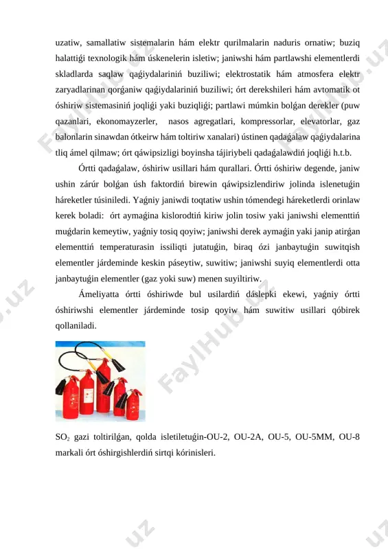 i untaqli ot óshirgishler. oxp-10, ovp-10 hám ovp-5(3) ot óshirgishleri: a) oxp-10 markali ximiyaliq kóbikli ot óshirgish: b) ovp-10 markali hawa menen kóbik aralaspasinda isleytuǵin ot óshirgish: v) ovp-5(3) markali hawa kóbik aralaspasina maslastirilǵan zamanagóy ot óshirgish: 1-ot óshirgish korpusi; 2-javhar salinatuǵin shisha idis; 3-korpustiń qaptal tutqishi; 4-qaqpaqti ashiwshi shtok; 5-sifon nayshasi; 6-karbon javhari salinǵan joqari basimli balon; 7-tutqish; 8-púrkegish; 9-kóbikti jayip uzatiwshi siim torli karnaycha (rastrub). [image: opisanie: 30001] so2 gazinde isleytuǵin, arnawli arabashalarda ornatilǵan ou-25, ou-40, ou-80, ou-400 markalardaǵi gazli ot óshirgishler. 12 11 10 6 4 4 8 7 5 5 3 2 2 yong'in xavfsizligi qoidalari yong'in o'chiruvchi navbatchilarining ish jadvali 1 2 3 1 9 órtke qarsi «qalqan» hám ondaǵi ásbaplardiń ornatiliwi. 1-qum salinǵan quti, 2-kóbikli hám karbonat angidridli ot óshirgish (ognetushitel), 3-ot óshiriwshi náwbetshilerdiń jumis kestesi, 4-baltalar, 5-ot óshiriw shlankalari, 6-konus tárizli chelek, 7-suw sebiw stvoli, 8-órt qáwipsizligi qaǵiydalari, 9-suw bochkasi, 10-ilgekli changaklar, 11-mis …
