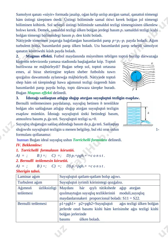 ıń parqı p=p2–p1 payda boladı. aǵım turbulent bolsa, basımlardıń parqı úlken boladı. usı basımlardıń parqı sebepli samolyot qanatın kóteriwshi kúsh payda boladı. 2. [image: opisanie: c:\users\embergenov jennis\desktop\1.png]magnus effekti. futbol maydanında múyeshten tebilgen toptıń burılıp dárwazaǵa kirgenin televizorda yamasa stadionda baqlaǵanlar kóp. toptıń burılıwına ne májbúrleydi? buǵan sebep sol, toptıń ortasına emes, al biraz shetiregine tepken sheber futbolshı tuwrı qozǵalısı dawamında aylanıwǵa májbúrleydi. nátiyjede toptıń shep hám oń tárepindegi hawa aǵımınıń tezligi ózgeredi hám basımlardıń parqı payda bolıp, toptı dárwaza tárepke buradı. buǵan magnus effekti delinedi. 3. ídıstaǵı sańlaqtan atlıǵıp shıǵıp atırǵan suyıqlıqtıń tezligin esaplaw. [image: opisanie: c:\users\embergenov jennis\desktop\1.png]bernulli teńlemesinen paydalanıp, suyıqlıq betinen h tereńlikte bolǵan ıdıs sańlaǵınan atlıǵıp shıǵıp atırǵan suyıqlıqtıń tezligin esaplaw múmkin. ídıstaǵı suyıqlıqtıń ústki betindegi basım, atmosfera basımı po ǵa teń. suyıqlıqtıń tezligi u0=0. suyıqlıq shıǵatuǵın sańlaq aldındaǵı basım da po ǵa teń. sańlaqtan shıǵıwshı suyıqlıqtıń tezligin u menen belgilep, bul eki orın ushın 1-formulanı qollanamız: bunnan …