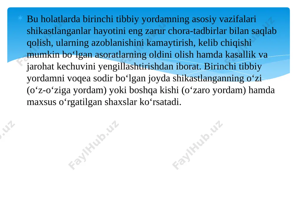 ez, qon rangi-och-qizil, shu bilan birga u jarohat joyidan favvoralanib oqadi, organizmda umumiy kuchsizlik va tananing shikastlangan joyida kuchli og’riq bilan kechadi. arteriyadan qon oqishi eng xavfli hisoblanadi. bunday jarohatlanishda qonni to’xtatish uchun jarohat joyidan yuqoriroqdan arteriyani mahkam qisib bog’lash, agar bu bilan qon to’xtamasa jgut yoki buramadan foydalanish kerak bo’ladi. buning uchun rezina quvur, ip, qayish, rumol va boshqalardan foydalaniladi. jgut bilan arteriyaning jarohatlangan joyini yuqorisidan ma’lum no’qtalardan tanaga mahkam qisib bog’lanadi. tanadagi jarohatlangan joylardan qonlarni oqishini to’xtatish no’qtalari yuqoridagi rasmda ko’rsatilgan inson elektr tokidan jarohatlanganda uni avvalo elektr tokining ta’siridan qutqarish kerak. bunga jarohatlangan kishini tok o’zatuvchi qismlardan ajratish yoki kuchlanishni o’chirish bilan erishiladi. kuchlanish 1000 v gacha bo’lgan setlarni tok o’zatuvchi qismlardan odamni ajratish, quruq tayoq, yog’och, kiyim yoki boshqa biror bir tok o’tkazmaydigan narsalar yordamida amalga oshiriladi. agar odamni tok o’zatuvchi qismlardan ajratish qiyin bo’lsa, tok uzatuvchi simni quruq dastali bolta yoki boshqa izolyatsiyalangan dastali qurol …