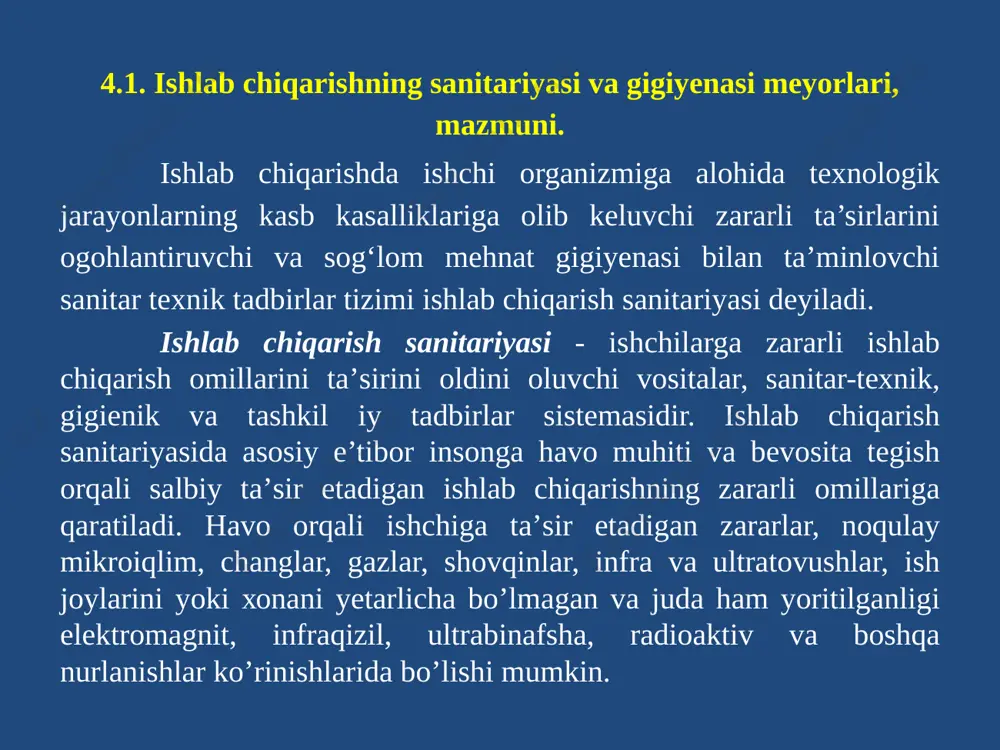 ixtiro qilish. - psixologik yo’nalish: pultlar va mashinalar, mexanizmlar tizimlarini boshqarish uchun boshqa vositalar ixtiro qilishda ruhiyat talablarini hisobga olish (muhandislik ruhiyati); kasb tanlashda va kasbiy talablarga muvofiq holda shaxsning ruhiy hususiyatlarini hisobga olish; jamoalarda qulay ruhiy kayfiyat yaratish, ishlovchilarning mehnatdan va uning natijalaridan yuqori manfaatdor bo’lishlarini ta’minlash bo’yicha tadbirlar ishlab chiqish va joriy qilish. mehnat gigiyenasi - tibbiyot fanining insonning ishlab chiqarish sharoitidagi mehnat faoliyatini o‘rganuvchi bir qismi bo‘lib hisoblanadi. mehnat gigiyenasi ishlab chiqarish zararli omillarining ishlovchilarga ko‘rsatadigan ta’sirini oldini olish yo’zasidan sanitariya-gigiyena va davolash yoki kasb kasalliklarining oldini olish tadbirlarini ishlab chiqadi. ishlab chiqarishda ishchilar uchun ish vaqtining belgilanishi, dam olish vaqti, ta’til vaqti va shunga o‘xshash vaqt meyorlarini mehnat gigiyenasi o‘rganadi. bular qonunchilik asosida ishlab chiqarish sanitariyasi bilan birgalikda o‘rganiladi. 4.2. texnosferada havo muhitining ko‘rsatkichlari, ularning mehnat faoliyatiga ta’siri, ishlab chiqarish mikroiqlimining gigiyenik meyorlari, ularning inson organizmiga ta’siri texnosfera – bu ishlab chiqarish jarayonlarida insonning mashina va …