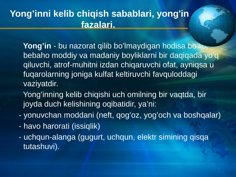 ’sirida o’zi joylashgan hajmiga sig’may qolishi tufayli otilib chiqadigan hodisadir yonish va portlash xususiyatiga ko’ra xavflilik 6 guruhga bo’linadi: - neft ishlab chiqaruvchi zavodlar, kimyoviy korxonalar, neft o’tkazuvchi quvurlar, neft omborxonalari. - ko’mir kukuni, yog’och qipig’ini tayyorlovchi, un va uni qayta ishlovchi kombinatlar. - yog’och, paxta va ularni qayta ishlab chiqaruvchi korxonalar, qog’oz korxonasi. - metallarga issiqlik ta’sirida ishlov beradigan sexlar, bug’xona, payvandlash uchastkalari va boshqalar. - meva, sabzavot, sut, baliq, go’sht qayta ishlab chiqaradigan inshoatlar va meva saqlaydigan omborlar. - suv va kislorodni o’zaro ta’siri natijasida portlash sodir bo’luvchi moddalar ishlatiladigan xonalar, hamda portlash xususiyatiga ega bo’lgan changlar qo’llanadigan ishlab chiqarish tarmoqlari. har qanday portlashlarda birlamchi va ikkilamchi zarar beruvchi omillar hosil bo’ladi. birlamchi omillar zarb to’lqinlari - yuqori bosimdagi portlashishdan hosil bo’lgan kuchli havo to’lqinlarining kuchli ovoz chiqarib tarqaladigan havo to’lqini tarzidagi va va unga qarshi kelgan qattiq jismlarning parchalanishi va sochilishiga olib keladi. siniq parchalarning sochilishi - …
