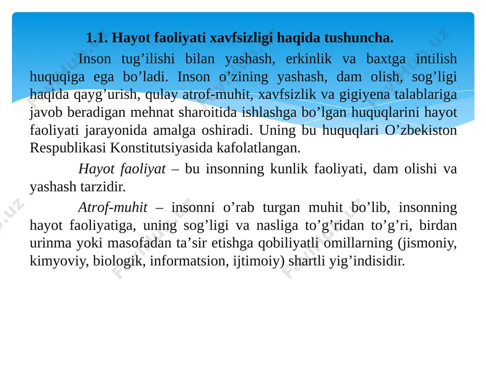 gi bir-biri bilan o'zaro bog’liq bo'lgan uchta asosiy vazifani yechadi: - xavflarni identifikatsiyalash, ya'ni xavflarning sonli tavsifi va kelib chiqish nuqtalarini ko'rsatgan holda ularning qiyofasini bilish; - foyda va harajatni taqqoslash asosida xavflardan himoyalanish; - mumkin bo’lgan salbiy xavflarni (qolgan xavf-xatar konsepsiyasidan kelib chiqqan holda) bartaraf qilish. mehnat, qonunchilik hujjatlari va ularga mos ijtimoiy–iqtisodiy, texnikaviy, gigjarayonida insonning xavfsizligini, sog‘ligi va ish qobiliyatini saqlashini ta’minlaydiganiyenik va tashkiliy tadbirlar tizimi hayot faoliyati xavfsizligi deyiladi. «hayot faoliyat xavfsizligi» fanining asosiy maqsadi ishlab chiqarishda xavfsiz texnologik jarayonlarni va mashina-mexanizmlarni qo‘llash, xavfsiz ish sharoitlarini yaratish yo’li bilan ishchilarning hamda shu hududda yashayotgan aholining xavfsizligini ta’minlashdir. «hayot faoliyat xavfsizligi» fanining muhim vazifasidan biri – bo‘lajak har bir mutaxassis kadrlarga, xavfli omillar, ularni kelib chiqish sabablarini, xavfsiz mehnat qilishni davlat tomonidan huquqiy himoyalanganligi, hayot faoliyati xavfsizligi qonuniyatlari, ishlab chiqarish xavfsizligi masalalarini yechish usullarini o‘rgatish, ularni ishlab chiqarishda yoki mehnat faoliyatida shikastlanish va kasb kasalliklariga qarshi ko‘rashish, yongin …