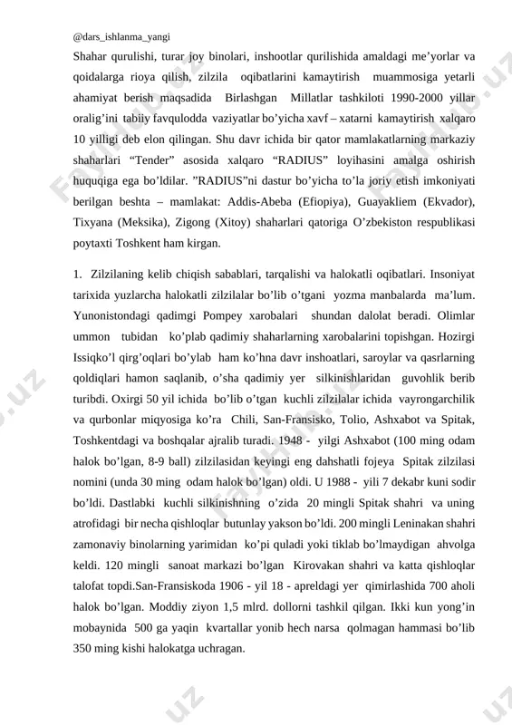agi va boshqalar ajralib turadi. 1948 - yilgi ashxabot (100 ming odam halok bo’lgan, 8-9 ball) zilzilasidan keyingi eng dahshatli fojeya spitak zilzilasi nomini (unda 30 ming odam halok bo’lgan) oldi. u 1988 - yili 7 dekabr kuni sodir bo’ldi. dastlabki kuchli silkinishning o’zida 20 mingli spitak shahri va uning atrofidagi bir necha qishloqlar butunlay yakson bo’ldi. 200 mingli leninakan shahri zamonaviy binolarning yarimidan ko’pi quladi yoki tiklab bo’lmaydigan ahvolga keldi. 120 mingli sanoat markazi bo’lgan kirovakan shahri va katta qishloqlar talofat topdi.san-fransiskoda 1906 - yil 18 - apreldagi yer qimirlashida 700 aholi halok bo’lgan. moddiy ziyon 1,5 mlrd. dollorni tashkil qilgan. ikki kun yong’in mobaynida 500 ga yaqin kvartallar yonib hech narsa qolmagan hammasi bo’lib 350 ming kishi halokatga uchragan. yaponiyada 1995 - yil 17 - yanvarda kuchli yer qimirlashi ro’y bergan. uning episentiri yirik koba portining markazida joylashgan bo’lib juda katta ko’lamda muhandislik va kommunal inshootlarning vayron bo’lishiga, …
