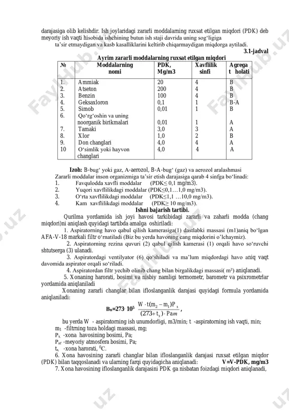 ‘ron; 98) tezlanish; 99) charchash; 100) sovuq sirt; 101) havo oqimi (siklon); 102) sunami (dengizdan chiqadigan bo‘ron); 103) shovqin; 104) elektr yoy; 105) elektr toki; 106) elektr maydoni; 107) elektromagnit maydon; 108) hayajonlanish; 109) hissiy zo‘riqish va boshqalar. yuqorida keltirilgan umumiy tushunchaga ega bo‘lgan zararli omillarga hozirgi kunda sanoat korxonalari, tashkilotlar, xo‘jaliklar va hattoki oilalarda duch kelishimiz mumkin bo‘lgan tomonlar bo‘yicha olingan bo‘lib, bularning har birining kelib chiqish sabablari, oqibatlari batafsil o‘rganilishi talab etiladi. baxtsiz hodisalarning yo’zaga kelmasligi yoki insonning biror kasbiy kasallikka yo‘liqilmasligi uchun ana shu omillar va ularning ta’sir etishi oqibatlarini bilish zarurdir. ishlab chiqarishda zararli moddalar va ulardan himoyalanish usullari. zararli moddalar inson organizmiga turlicha ta’sir ko‘rsatishi mumkin. ayrimlarining oz miqdori ham kasb kasalligi yoki jarohat keltirib chiqarishi mumkin. shunga ko‘ra, ya’ni zararli moddalar inson organizmiga ko‘rsatadigan ta’siriga qarab, gost 12.1.007-76 - «zararli moddalar. sinflari va xavfsizlikning umumiy talablari» bo‘yicha quyidagi sinflarga bo‘linadi: i - juda yuqori …