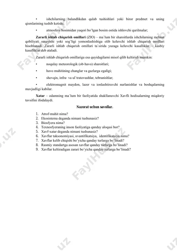 avflar nomenklaturasi tuziladi. kvantifikatsiya - murakkab tushunchalarning sifatini aniqlashda sonli tavsiflarni joriy qilishdir. amalda kvantifikatsiyaning sonli, balli va boshqa usullari qo'llaniladi. xavflarni baholashning eng keng tarqalgan usuli- tavakkaldir. identifikatsiya- hayot faoliyatini ta'minlashga yo'naltirilgan oldini olish va tezkor tadbirlarni yaratishga zarur va yetarli bo’lgan sonli, vaqtinchalik, fazoviy va boshqa tavsiflarni topish va aniqlash jarayonini tushunamiz. yashash muhiti – hozirgi paytda inson faoliyatiga, uning sog’lig’iga va avlodiga bevosita yoki bilvosita, shu zahotiyoq yoki chetdan ta`sir ko’rsatuvchi shartlab qo’yilgan fizik, kimyoviy, biologik, sotsial faktorlar yig’indisi bo’lgan o’rab turgan muhitga aytiladi. hodisa – insonlarga, tabiiy manbalarga negativ ta`siridan zarar keltiruvchi voqeaga aytiladi. avariya – texnik tizimdagi insonlarni vafotisiz yuzaga kelgan hodisaga aytiladi. bunda texnik vositalarni qayta tiklashni imkoni bo’lmaydi yoki iqtisodiy jihatdan samarasizdir. falokat deb – texnik tizimlardagi insonlarni vaofti yoki yo’qolishi bilan kuzatiladigan hodisaga aytiladi. tabiiy ofat – biosferani vayronlovchi, er yuzidagi odamlarning o’limi yoki salomatligini yo’qotishga olib keluvchi favqulotdagi hodisaga aytiladi. jarohat …