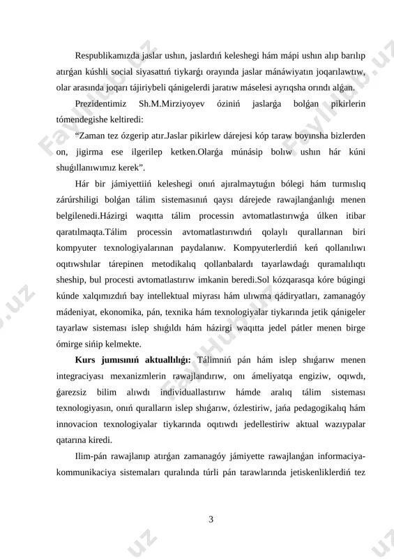 asatuǵın, kásiplik bilgir, metodikalıq uqıpǵa iye, juwapkerli, zamanagóy, interaktiv pedagogikalıq texnologiyanı jetik ózlestirip alǵan, informaciyalar tiykarında bilimlendiriwdi payda ete alatuǵın oqıtıwshılarǵa talap asıp barıp atır. bilimlendiriwde materiallıq baza, standart, oqıw jobalar, programma hám sabaqlıqlar qanshelli rawajlandırılmasın, kutilgen tiykarǵı nátiyjege erisiw, tereń hám puqta bilim beriw, joqarı sapadaǵı ózlestiriwge erisiw tikkeley teoriyalıq hám ámeliy shınıǵıwlardı alıp baratuǵın oqıtıwshınıń dóretiwshiligi, ızleniwshiligi, ilimiy tájriybesine pedagogikalıq uqıbına baylanıslı bolıp qalaberedi. ii. tiykarǵı bólim ii.1. informaciya texnologiyaları haqqında túsinik informaciya – bul maǵlıwmat hám xabarlar toplamı bolıp, mazmunınan jańalıqqa iye boladı. informaciya texnologiyaları – informaciyanı jiynaw, saqlaw, uzatıw, qayta islew usılı hám quralları toplamı. informaciyanıń qáliplesiwi hám rawajlanıwın belgilewshi ishki hám sırtqı faktorıar bar bolıp, olardı tómendegishe táriyiplew múmkin: ishki faktor – bul informaciyalardıń payda bolıwı, turleri, qásiyetleri, informaciyalar menen turli ámellerdi orınlaw, olardı toplaw, uzatıw, saqlaw hám taǵı basqalar kirse sırtqı faktorǵa – informaciya texnologiyasınıń texnika quralları arqalı informaciyalar menen turli waziypalardı ámelge asırıwdı …