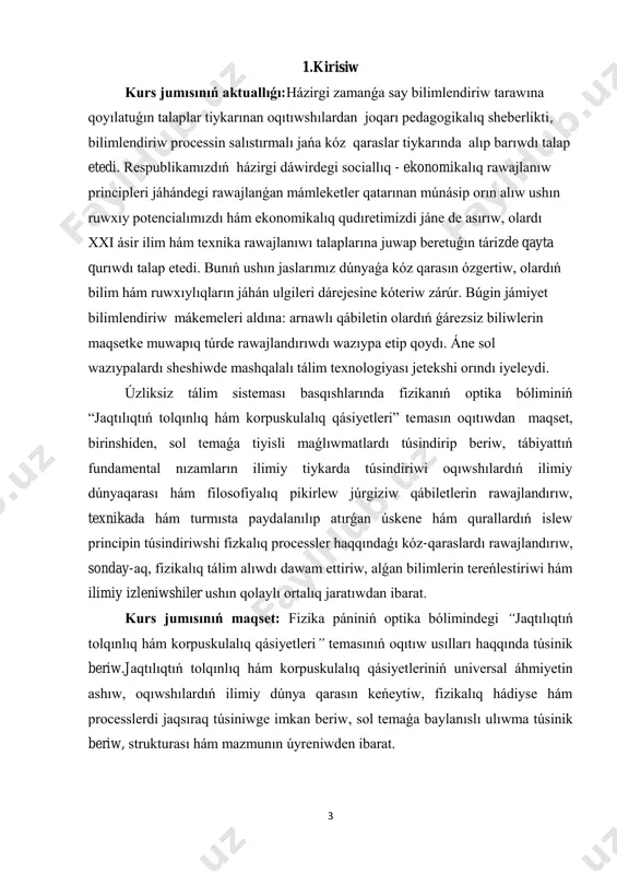 ektivlergeshe bolǵan barlıq optikalıqásbaplardı jasawdaǵı esap -kitaplar geometriyalıq optika nızamları tiykarında ámelge asırıladı.fizikalıq optikada jaqtılıqtıń tábiyatı hám jaqtılıq hádiyseleri úyreniledi. fiziologiyalıq optikada bolsa jaqtılıqtıń rawajlanıwshı organizmge tásiri úyreniledi. jaqtılıqtıń tásiri haqqında táliymat júdá áiyem zamanlarda -aq payda bolǵan. optika sóz iniń mánisi“optos”-kózge kórinetuǵın sózinen alınǵan bolıp kóriw haqqındaǵı pándi ańlatadı. jaqtılıqtıń tuwrı sızıq boylap tarqalıw nızamı biziń eramızdan 5000 jıl aldın belgili bolıp, onnan shıǵatuǵın juwmaqlardan áyyemgi egipette qurılıs jumıslarında paydalanǵan. pifagor, denelerdiń kórinisine sebep -olardıń ózlerinen bóleksheler shıǵarıwı dep, házirgi teoriyalarǵa júdá jaqın bolǵanpikirlerdi aytıp ótken.geometriyalıq optkanıń eki tiykarǵı nızamlarınan biri jaqtılıqtıń túsiw hám shaǵılısıw múyeshleriniń teńligi haqqındaǵı nızam platon mektebi wákilleri tárepinen táriyplengen. jaqtılıqtıń sınıw nızamı bolsa bir neshe ásirlerden soń payda bolǵan. optikalıqanıń keyingi rawajlanıwı jaqtılıq difrakciyası háminterferenciyası hádiyseleri menen baylanıslı. bul hádiyselerdi geometriyalıq optikada túsindiriwdiń ilájı bolmaǵan soń, ingliz fizigi r. guk hám gollandiyalıq alım x. gyuygens jaqtılıqtıń tolqın tábiyatı haqqındaǵı teoriyanı aldıǵa súrdi. 6 2. …