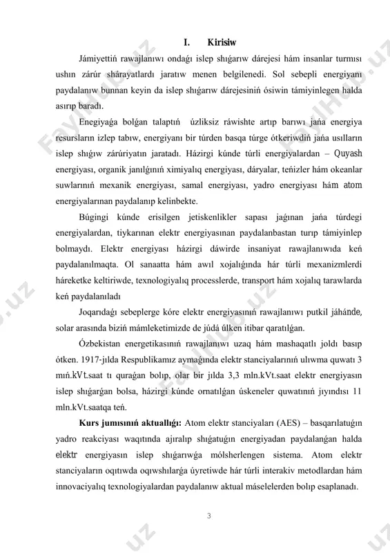 astı hám suw ústi kreyserlerin qurmaqta. tınısh turmısımızda atom energiyasınan paydalı qazılmalardı izlewde de paydalanılmaqta. sonday-aq, awıl xojalıǵında, medicina hám biologiyada hámde kosmostı izertlewde de keń qollanılmaqta. solar menen bir qatarda atom energiyası atom elektr stanciyalarında elektr energiyanı islep shıǵarıwda da paydalanılmaqta. bunday stanciyalarda uran yadrosınıń bóleklerge bóliniwi nátiyjesinde payda bolıwshı energiya aldın ala gaz yaki puwdıń jıllılıq energiyasına hám keyin elektr energiyasına aylandıradı. uran yadrosınıń bóliniwi onı neytronlar jardeminde bombardirovka qılıw nátiyjesinde ámelge asırılıp, payda bolıwshı túrlishe massalı yadro bólekleri, neytronlar hám basqa bólekleniwshi deneler hár tárepke júda úlken tezlikte atıladı hám úlken kinetik energiyaǵa iye boladı. yadronıń bólekleniwinde payda bolıwshı energiya derlik tolıq jıllılıq energiyasına aylantırıladı. basqarılatuǵın yadro shınjır reakciyası júz beretuǵın qurılma yadro reaktorı dep ataladı. uran yadrosınıń bóliniwi. 1938–1939-jılları nemis fizikleri o.gan hám f.shtrasmanlar neytron menen bombalanǵan uran yadrosı eki (geyde úsh) bólekke bóliniwi hám bunda úlken muǵdarda energiya bólinip shıǵatuǵının anıqladı. bul bóliniwde dáwirli sistemanıń …