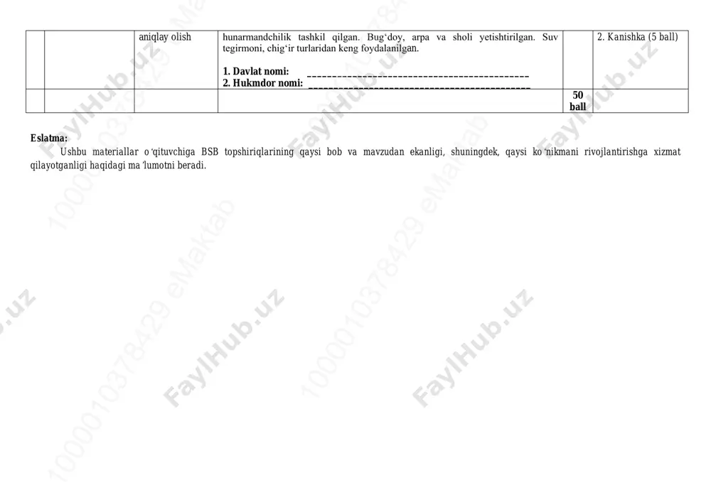 em ak ta b10 00 01 03 78 42 9 em ak ta b 10 00 01 03 78 42 9 em ak ta b10 00 01 03 78 42 9 em ak ta b10 00 01 03 78 42 9 em ak ta b aniqlay olish hunarmandchilik tashkil qilgan. bug‘doy, arpa va sholi yetishtirilgan. suv tegirmoni, chig‘ir turlaridan keng foydalanilgan. 1. davlat nomi: ____________________________________________ 2. hukmdor nomi: ____________________________________________ 2. kanishka (5 ball) 50 ball eslatma: ushbu materiallar o‘qituvchiga bsb topshiriqlarining qaysi bob va mavzudan ekanligi, shuningdek, qaysi ko‘nikmani rivojlantirishga xizmat qilayotganligi haqidagi ma’lumotni beradi. 10 00 01 03 78 42 9 em ak ta b10 00 01 03 78 42 9 em ak ta b10 00 01 03 78 42 9 em ak ta b 10 00 01 03 78 42 9 em ak ta b10 00 01 03 78 42 9 em ak ta b10 00 01 03 …