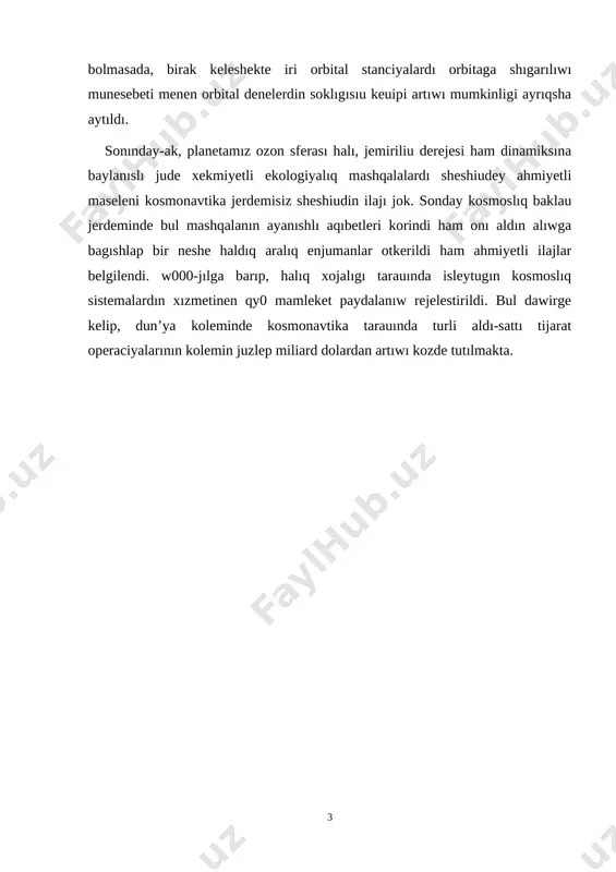 dın soklıgısıwı itimalıqların jene de asırıwı menen keuipli. qoiw-jıldın avgust ayında birlesken milletler sh5lkemi otkergen kosmos kenislikten tınıshlıq maxsetlerinde paydalanıw ham izertleu boyınsha qq-konferenciyasında,geostacionar joldaslardın soklıgısıwı maselesi, radio tolqıfnlarda oz-ara kesent qılıu mashqalası menen kosıp qaraldı. konferenciyada, xezirgi waqıtta bunday keuiptin itimalıgı jude ulken bolmasada, birak keleshekte iri orbital stanciyalardı orbitaga shıgarılıwı munesebeti menen orbital denelerdin soklıgısıu keuipi artıwı mumkinligi ayrıqsha aytıldı. sonınday-ak, planetamız ozon sferası halı, jemiriliu derejesi ham dinamiksına baylanıslı jude xekmiyetli ekologiyalıq mashqalalardı sheshiudey ahmiyetli maseleni kosmonavtika jerdemisiz sheshiudin ilajı jok. sonday kosmoslıq baklau jerdeminde bul mashqalanın ayanıshlı aqıbetleri korindi ham onı aldın alıwga bagıshlap bir neshe haldıq aralıq enjumanlar otkerildi ham ahmiyetli ilajlar belgilendi. w000-jılga barıp, halıq xojalıgı tarauında isleytugın kosmoslıq sistemalardın xızmetinen qy0 mamleket paydalanıw rejelestirildi. bul dawirge kelip, dun’ya koleminde kosmonavtika tarauında turli aldı-sattı tijarat operaciyalarının kolemin juzlep miliard dolardan artıwı kozde tutılmakta. 1