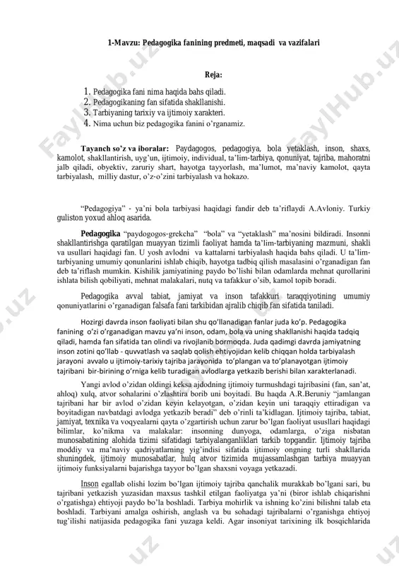 aydagogos, pedagogiya, bola yetaklash, inson, shaxs, kamolot, shakllantirish, uyg‘un, ijtimoiy, individual, ta‘lim-tarbiya, qonuniyat, tajriba, mahoratni jalb qiladi, obyektiv, zaruriy shart, hayotga tayyorlash, ma‘lumot, ma‘naviy kamolot, qayta tarbiyalash, milliy dastur, o‘z-o‘zini tarbiyalash va hokazo. ―pedagogiya‖ - ya‘ni bola tarbiyasi haqidagi fandir deb ta‘riflaydi a.avloniy. turkiy guliston yoxud ahloq asarida. pedagogika ―paydogogos-grekcha‖ ―bola‖ va ―yetaklash‖ ma‘nosini bildiradi. insonni shakllantirishga qaratilgan muayyan tizimli faoliyat hamda ta‘lim-tarbiyaning mazmuni, shakli va usullari haqidagi fan. u yosh avlodni va kattalarni tarbiyalash haqida bahs qiladi. u ta‘lim- tarbiyaning umumiy qonunlarini ishlab chiqib, hayotga tadbiq qilish masalasini o‘rganadigan fan deb ta‘riflash mumkin. kishilik jamiyatining paydo bo‘lishi bilan odamlarda mehnat qurollarini ishlata bilish qobiliyati, mehnat malakalari, nutq va tafakkur o‘sib, kamol topib boradi. pedagogika avval tabiat, jamiyat va inson tafakkuri taraqqiyotining umumiy qonuniyatlarini o‘rganadigan falsafa fani tarkibidan ajralib chiqib fan sifatida taniladi. hozirgi davrda inson faoliyati bilan shu qo’llanadigan fanlar juda ko’p. pedagogika fanining o’zi o’rganadigan mavzu ya’ni inson, …
