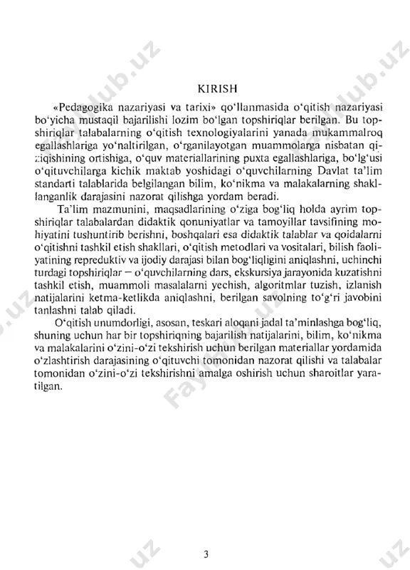 «age» — yetaklam oq. 3. a ndropologika grekcha «antropos» — inson va «logos» — fan. 4. a ntrologiya grekcha «paydo» — bola va «logos» — fan. pedagogika fani oldida qanday vazifalar turadi? 1. o lsib kelayotgan avlodni o ‘qitish, tarbiyalash. 2. tarbiya qonun larin i bilish, pedagogik-am aliyo tch ilarn ing o ‘quv tarbiyaviy ja rayon nazariyasini bilish. 8. taj(?ijmmi insonlarning ruhiy rivojlanish om ili sifetida a‘rganish. . 4. hoziffii zam o n d a insonn i 0‘qitish va o 'rga tish m uam m olarm i o ‘rganish. 5. inson tab iatin i ta tb iq qilish. pedagogikaning fan sifatida rivojlanishini nima belgilaydi? 1. f an va texnika protsessi. 2. o ta-onalarga bo lalar g ‘am xo‘rligi. 3. insoniyatn i saqlanishidagi biologik qonun. 4. in so n n i h ay o tg a va m e h n a tg a tay y o rla sh n in …