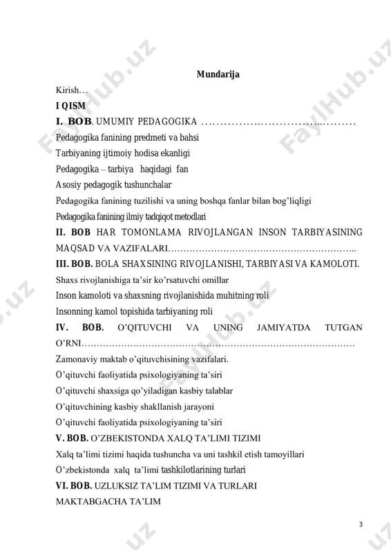 hlari umumiy o`rta ta`limning davlat ta' lim standarti o‘quv rejasi, dasturlari va darsliklar dastur darslik va o‘quv faoliyatini tashkil qilish chet el mamlakatlaridagi ta’limning mazmuni xv. bob. o‘quv jarayonini tashkil etishning shakllari ta’limda sinf-dars tizimining vujudga kelishi dars - maktabda o‘quv ishlarini tashkil qilishning asosiy shakli darsga qo`yiladigan talablar o‘quv ishlarini tashkil etishning umumiy shakli ta’limni tashkil etishning guruhiy shakli 6 dars tizimi strukturasi elementlari va tiplari darslarning tiplari darslarning turlari darsga tayyorlanish o‘qituvchining o‘z darsini tahlil qilishi darsning umumiy bahosi (baholash) xvi bob. o‘qitish metodlari o‘qitish metodlarining tasnifi o‘qitishning og‘zaki metodlari yangi material ustida ishlash o‘tilgan material ustida ishlash va yangi materialni o‘rganishga tayyorlanish o ‘qitishning induktiv va deduktiv metodlari reproduktiv ta’limdan amaliy ta’limga o‘tish o‘qitishning amaliy metodlari nazariy bilimlardan foydalaniladigan mashqlar mashq - o‘quvchilarda malakalarni shakllantirish faoliyatining asosiy turi didaktik o‘yinlar xvii bob. muammoli ta’lim….........…………………………………….....….. o‘quvchilar ta’limiga muammoli yondashishning xususiyatlari muammoli ta’limning maqsadi muammoli vaziyatlarni yaratish va hal …