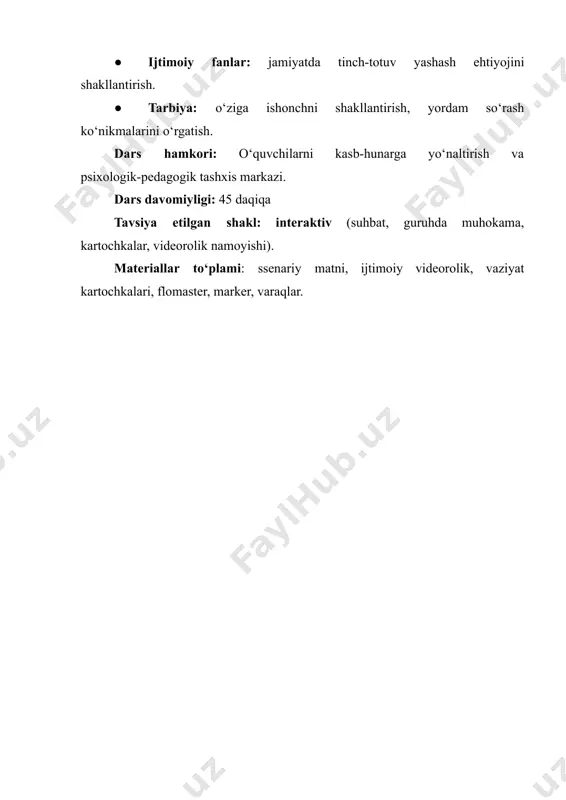 avonlik siz tengi bolalarga qanday taʼsir qiladi? ●​ siz qanday qilib oʻzingizni himoya qilishingiz va boshqalarga yordam berishingiz mumkin? bolalar, bilasizlarmi, mamlakatimizda har bir bolaning huquqlari, xavfsizligi va himoyasi qonun bilan kaolatlangan. shu yili bolalar huquqlarini yanada kuchli himoya qiluvchi yangi qonun ham kuchga kirdi. keling, shu qonun haqida ijtimoiy himoya milliy agentligi direktorining birinchi o‘rinbosari shahnoza mirziyoyevadan eshitamiz. vizual kontent shahnoza mirziyoyeva bolalarni himoya qiluvchi yangi qonun haqida gapirdi https://www.youtube.com/watch?v=qax2hgraqgc videorolik muhokama qilinadi (2 daqiqa) asosiy qism (30 daqiqa) oʻquvchilar: aziz oʻquvchilar! ayting-chi, zoʻravonlik nima? oʻquvchilarning taxminiy javoblari: biror kishini urish, itarish, sochdan tortish, tepish yoki shapaloq tushirish, tahdid qilish, majburlash, masxara qilish, qoralash, kamsitish, soʻkinish, telefon yoki ijtimoiy tarmoqlarda qoʻpol yozishmalar, masxara qilish, birov tomonidan uzoq vaqt davomida qilinadigan tazyiq, koʻpchilik boʻlib bir kishiga bosim oʻtkazish. oʻqituvchi: siz yoki doʻstlaringiz bilan shu kabi holatlar sodir boʻlganmi? kim aytib bera oladi? oʻquvchilarning taxminan bir, ikkita keltirgan misollari eshitiladi va …