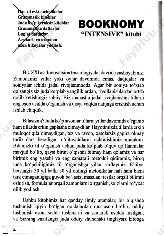 ham qolasiz. kitobimiz qiziqarli hikoyalar orqali xech qanday grammatikasiz tilni o‘rganish imkonini beradi. biz sizning sifatli va samarali bilim olishingiznikafolatlaymiz! sizni esa yangicha metodikamiz orqali tez va sifatli ta’lim olishni boshlaganingiz bilan tabriklaymiz! kirish innovatsion rus tili darslarimizga xush kelibsiz! “booknomy” kompaniyasining intensive kitobi sizning qo‘lingizda ekan unda tabriklaymiz! chunki bu sizning maqsadingizga eltuvchi eng qisqa va eng oson yo‘l. siz tilni nima uchun o‘rganyapsiz? balki chet elda ishlash, o‘qish, sayohat qilish, xalqlar aro ta’lim olish va boshqa sabablar uchunmi? bilasizmi? odamlar tillami yillar davomida o‘rganib ham tillarda ravon gaplasha olmaydi, eshitganda tahlil qilib tushunadi gapirishdan oldin esa “xato gapirib qo‘ysamchi?” degan o‘ziga ishonchsizlik 95% til o‘rganuvchilarda uchraydi. kitob qo‘lingizda ekan ana shu muammolar sizda ham uchraganiga shubxamiz yo‘q. sanoqsiz so‘zlar yodlab, eski metodikadagi zamonlar, qoidalar va qo‘shimchalami qancha o‘rgansangiz ham yodingizdan chiqarib qo‘ygansiz, yoki umuman foydalana olmaysiz. til o‘rganish desa hayolingizda qiyin mashql\ardan tortib yodingizda uzoq turmaydigan son sanoqsiz …