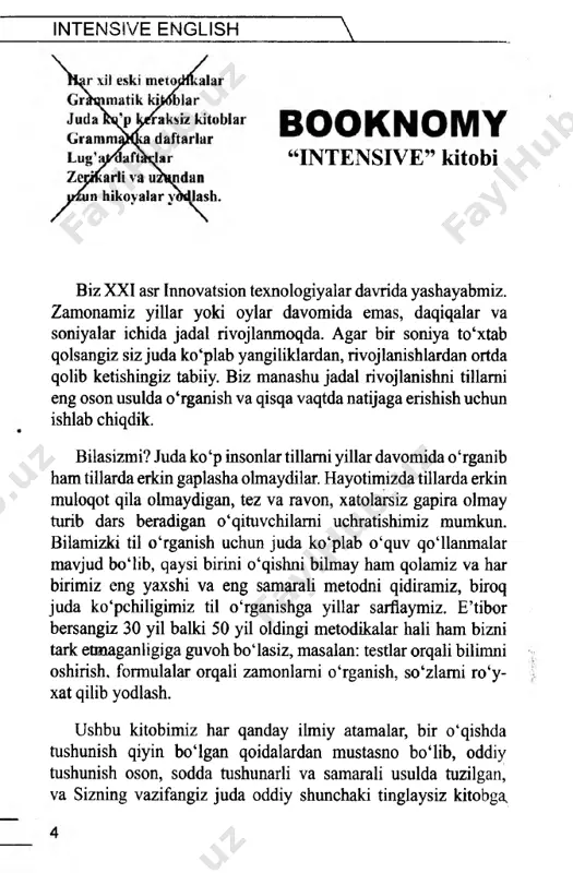 ingizdami yoki sizda? balki o‘rganish uslubidadir?! intensive english \ ______________ endi bunday muammolar yo‘q! bizning metodikamiz esa aynan shu muammolami bartaraf etadi. 6 oydan so‘ng siz ushbu tilda ravon gapirasiz va bemalol o‘z ona tilingizdek tushuna olasiz. metodikamiz orqali o‘rganish davomida so‘zlarm yodlashingiz shart emas, zamonlar va ravon gapirishingiz uchun kerakli barcha narsalar tafakkuringizga o‘zingiz bilmagan holda joylanib qoladi. v xxi asr zamon taraqqiy etib borayapti, kundan-kunga insonlar dunyoni o‘zgartirishga qodir, yangidan - yangi kash- fiyotlar yaratmoqdalar, biz ham shunday qilmoqchi bo‘ldik. yillab tillami o‘rganib hali ham natijaga erisha olmayotgan til o‘rganuvchilarimizga eng qisqa muddatda va eng oson usulda tillami o‘rganish metodikasini yaratdik (albatta amerika ta’lim texnalogiyalari asosida). metodikamiz amerikalik tilshunos olimlar va birqancha tadqiqotlar natijasida ishlab chiqilgan. afzallik tomonrshundaki, qo‘llanmadan foydalanar ekansiz, siz so‘zlami ro‘yxat qilib yodlash, grammatik qoidalar, gramma­ tik testlar yechmaysiz, eshitayotganda grammatika haqida o‘y- lamang, shimchaki kuniga eng kamida 2:30 soat berilgan dars- likni eshiting. booknomy …