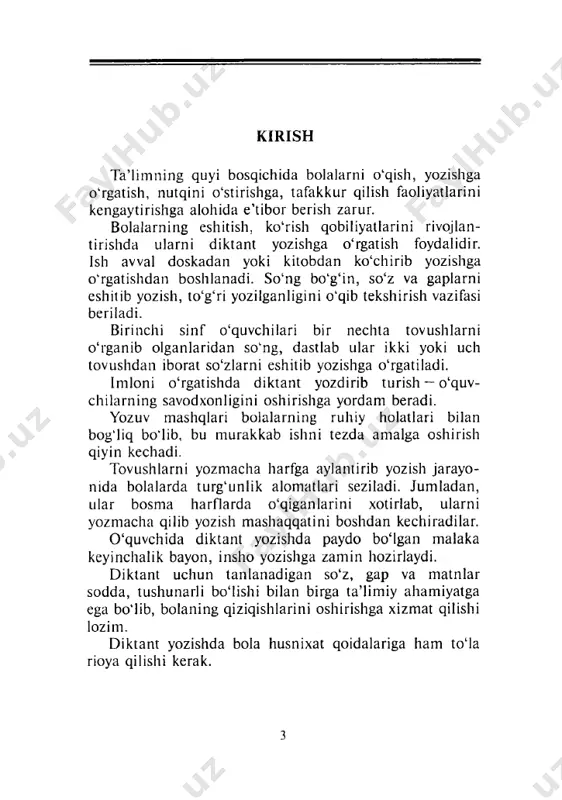 ant uchun tanlangan matnlarda ko‘p bo‘g‘inli yoki talaffuzi qiyin so‘zlar bo'lsa. doskaga yozib qo'yilsa ham bo'ladi. bolalar har safar diktant yozishga kirishishda ko'tarinki ruhda bo‘lishlarini ta’minlash uchun ulardagi ruhiy holatni hamisha hisobga olib ish yuritish lozim. diktantni yozib bo‘lgandan so'ng, yozilgan matnni mustaqil o‘qib chiqib, xatolarini tuzatishga ruxsat berish, ishni eng oldin topshirgan o'quvchilarni maqtab qo‘yish, o‘rnak qilib ko‘rsatish va boshqalarni ham shunga undash bolalarning yozma ish yozishga qiziqishlarini orttiradi. q o llanm an i tayyorlashda sinov natijalari hamda ilg‘or o'qituvchilarning fikrlari hisobga olindi. to'plam ikki qismdan iborat bo‘lib, uning birinchi qismida diktant turlari va ularni o'tkazish metodikasi haqida qisqacha m a’lumotlar berildi. ikkinchi qismda esa boshlang'ich ta’lim dts va 1—iv sinf ona tili dasturi 4 bo'lim va mavzulariga muvofiq turli hajmdagi matnlar kiritildi. tavsiya etilayotgan matnlar hajmi va murakkabligi jihatidan turlicha bo'lib, o'quvchilarning imkoniyatlari, belgilangan vaqtda yozib ulgurishlariga moslab tanlandi. ay rim matnlar oxirida grammatik topshiriqlar ham berildi. ulardan …