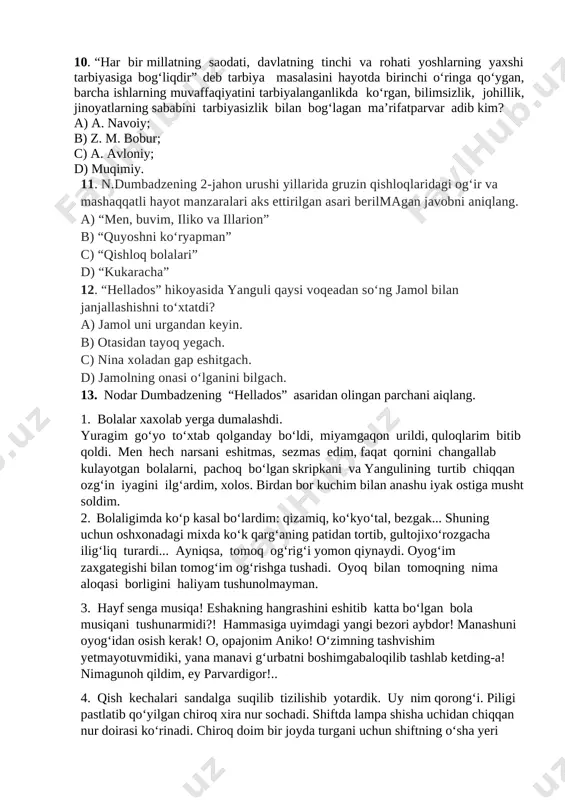 bo‘ldi, miyamgaqon urildi, quloqlarim bitib qoldi. men hech narsani eshitmas, sezmas edim, faqat qornini changallab kulayotgan bolalarni, pachoq bo‘lgan skripkani va yangulining turtib chiqqan ozg‘in iyagini ilg‘ardim, xolos. birdan bor kuchim bilan anashu iyak ostiga musht soldim. 2. bolaligimda ko‘p kasal bo‘lardim: qizamiq, ko‘kyo‘tal, bezgak... shuning uchun oshxonadagi mixda ko‘k qarg‘aning patidan tortib, gultojixo‘rozgacha ilig‘liq turardi... ayniqsa, tomoq og‘rig‘i yomon qiynaydi. oyog‘im zaxgategishi bilan tomog‘im og‘rishga tushadi. oyoq bilan tomoqning nima aloqasi borligini haliyam tushunolmayman. 3. hayf senga musiqa! eshakning hangrashini eshitib katta bo‘lgan bola musiqani tushunarmidi?! hammasiga uyimdagi yangi bezori aybdor! manashuni oyog‘idan osish kerak! o, opajonim aniko! o‘zimning tashvishim yetmayotuvmidiki, yana manavi g‘urbatni boshimgabaloqilib tashlab ketding-a! nimagunoh qildim, ey parvardigor!.. 4. qish kechalari sandalga suqilib tizilishib yotardik. uy nim qorong‘i. piligi pastlatib qo‘yilgan chiroq xira nur sochadi. shiftda lampa shisha uchidan chiqqan nur doirasi ko‘rinadi. chiroq doim bir joyda turgani uchun shiftning o‘sha yeri sarg‘ayib qolgan. hamma yoq …