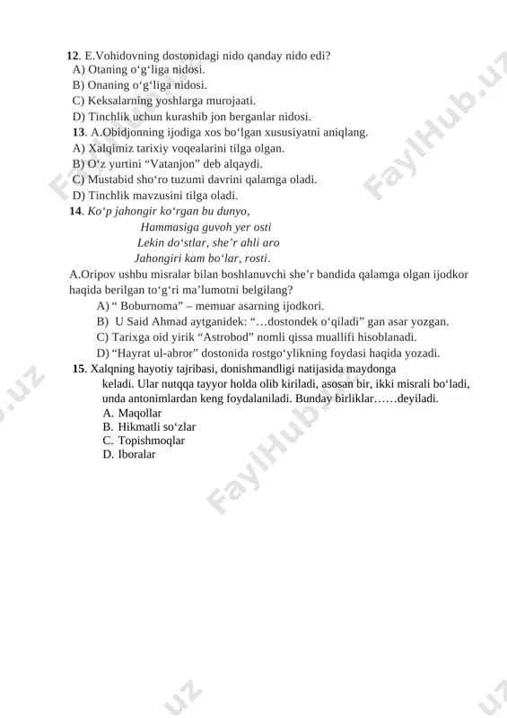 d) “hayrat ul-abror” dostonida rostgo‘ylikning foydasi haqida yozadi. 15. xalqning hayotiy tajribasi, donishmandligi natijasida maydonga keladi. ular nutqqa tayyor holda olib kiriladi, asosan bir, ikki misrali bo‘ladi, unda antonimlardan keng foydalaniladi. bunday birliklar……deyiladi. a. maqollar b. hikmatli so‘zlar c. topishmoqlar d. iboralar image1.png