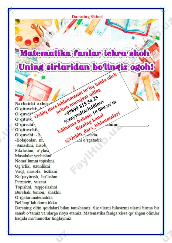 • ikkinchi kun: 24 − 4 = 20 ta mashina • birinchi va ikkinchi kun jami: 24 + 20 = 44 ta mashina • uchinchi kun: ulardan 2 baravar kam, ya’ni 44 ÷ 2 = 22 ta mashina endi uch kunni qo‘shamiz: 24 + 20 + 22 = 66 javob: uch kunda 66 ta mashina ko‘mir olib chiqilgan. o`ibdo`: _____________________