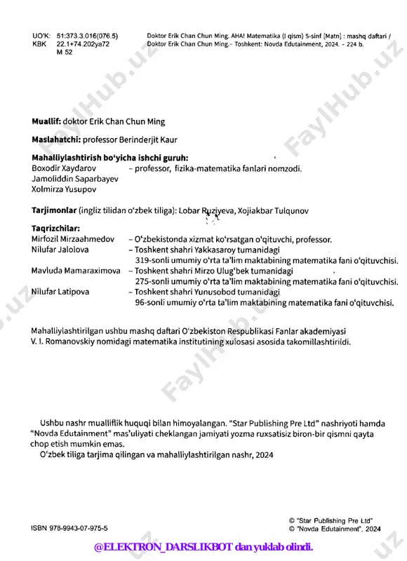 i bajarishda kalkulyatordan foydalanish mumkin.------------------------ @elektron_darslikbot dan yuklab olindi. mundarija a natural sonlar 1 eslang........................................................................................................ 1 1 milliongacha bo'lgan sonlar................................................................5 10 milliongacha bo'lgan sonlar...............................................................9 amaliy topshiriq...................................................................................... 15 0‘ylab ko'ring. muammoli topshiriq......................................................16 matematika kundaligi..............................................................................18 q sonlar ustida to‘rt amal 19 sonni 10, 100 va 1000 ga ko‘paytirish...............................................19 sonni o'nlik, yuzlik va mingliklarga ko'paytirish.................................21 sonni 10, 100 va 1000 ga bo'lish....................................................... 25 sonni o‘nlik, yuzlik va mingliklarga bo'lish......................................... 27 qavssiz ifodalarda amallarni bajarish tartibi.......................................31 qavsli ifodalarda amallarni bajarish tartibi.........................................35 matnli masalalar..................................................................................... 37 amaliy topshiriq......................................................................................51 o'ylab ko'ring. muammoli topshiriq..................................................... 52 matematika kundaligi............................................................................. 54 q oddiy kasrlar 55 sonlarni bo'lishni kasr ko'rinishida ifodalash......................................55 oddiy kasrni o‘nli kasrga aylantirish....................................................59 eslang...............................................................................................